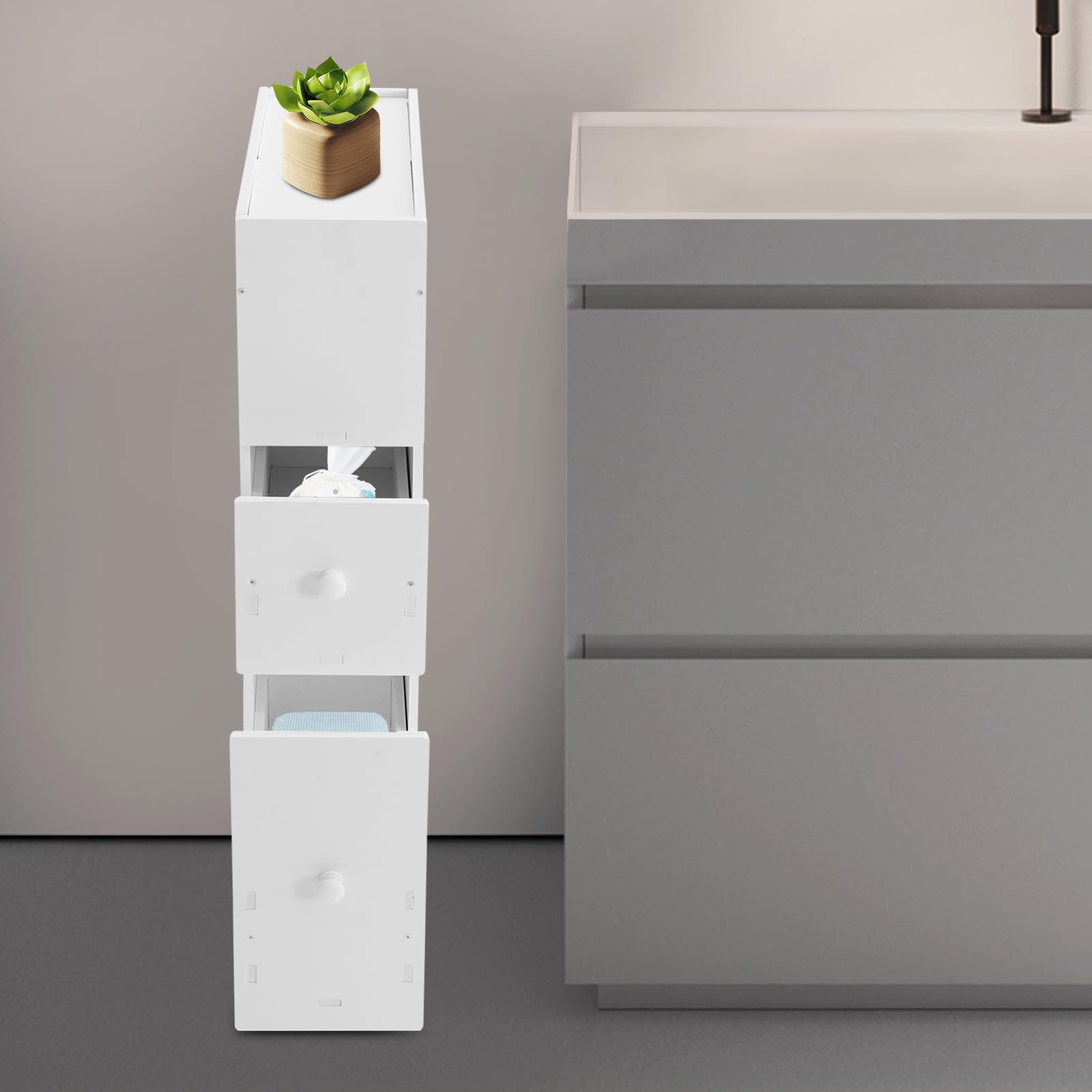 White Slim Rolling Bathroom Storage Cabinet - Space Saving for Small Bathrooms