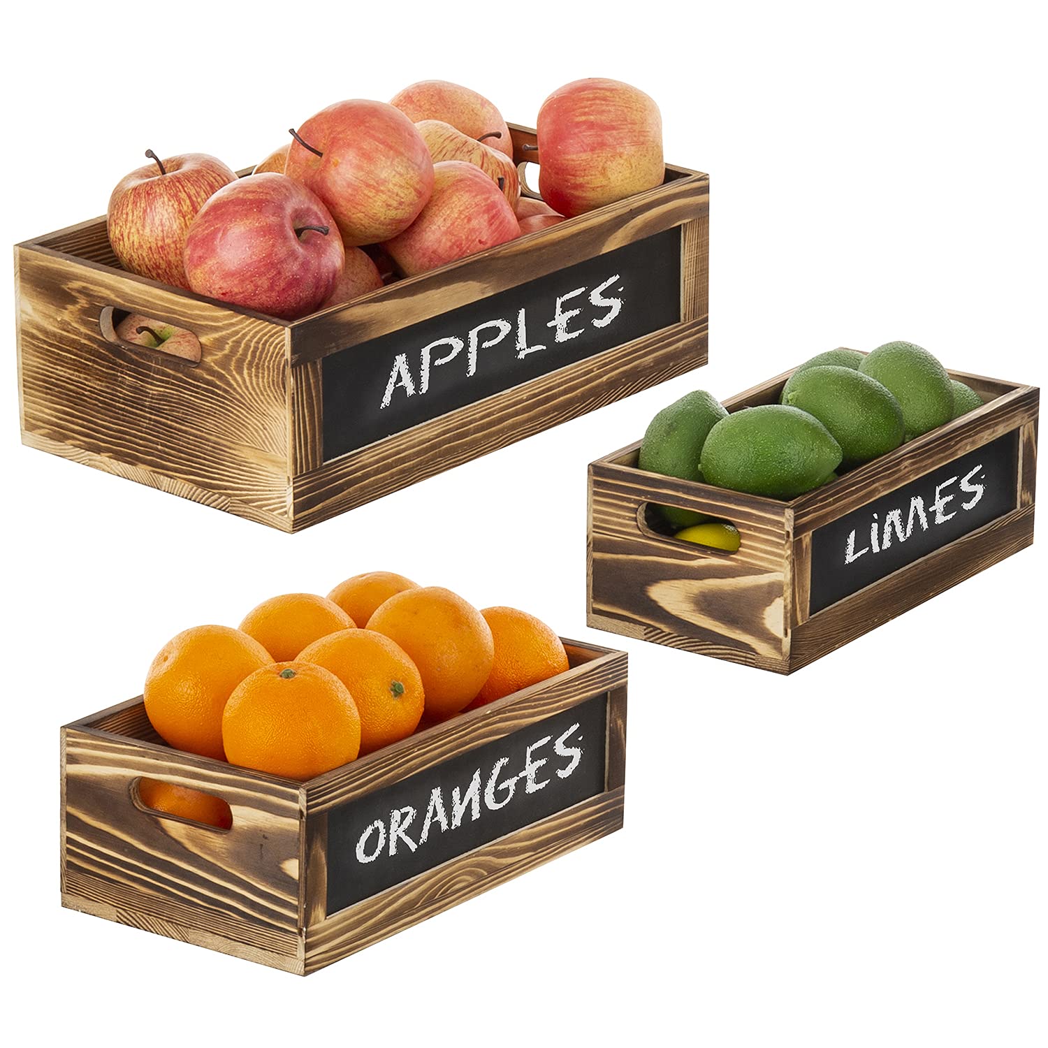 Rustic Burnt Wood Nesting Storage Bins with Chalkboard Panel & Cutout Handles - Farmhouse Decorative Stackable Wooden Open Top Boxes, 3-Piece Set - Perfect for Home Organization, Pantry Storage & Farmhouse Decor