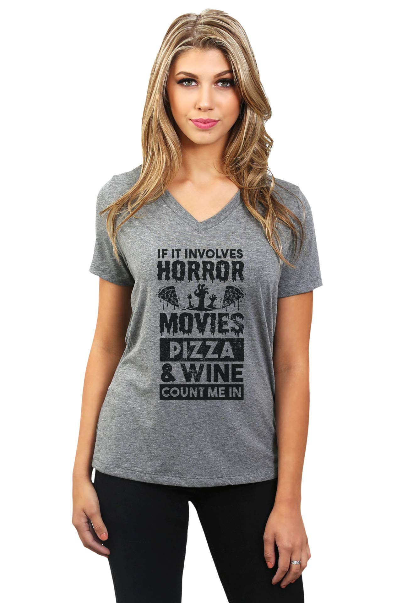 Horror Movie Pizza & Wine Graphic Women's Relaxed V-Neck T-Shirt - Casual Comfort Tee for Halloween Parties, Movie Nights & Wine Tasting Events
