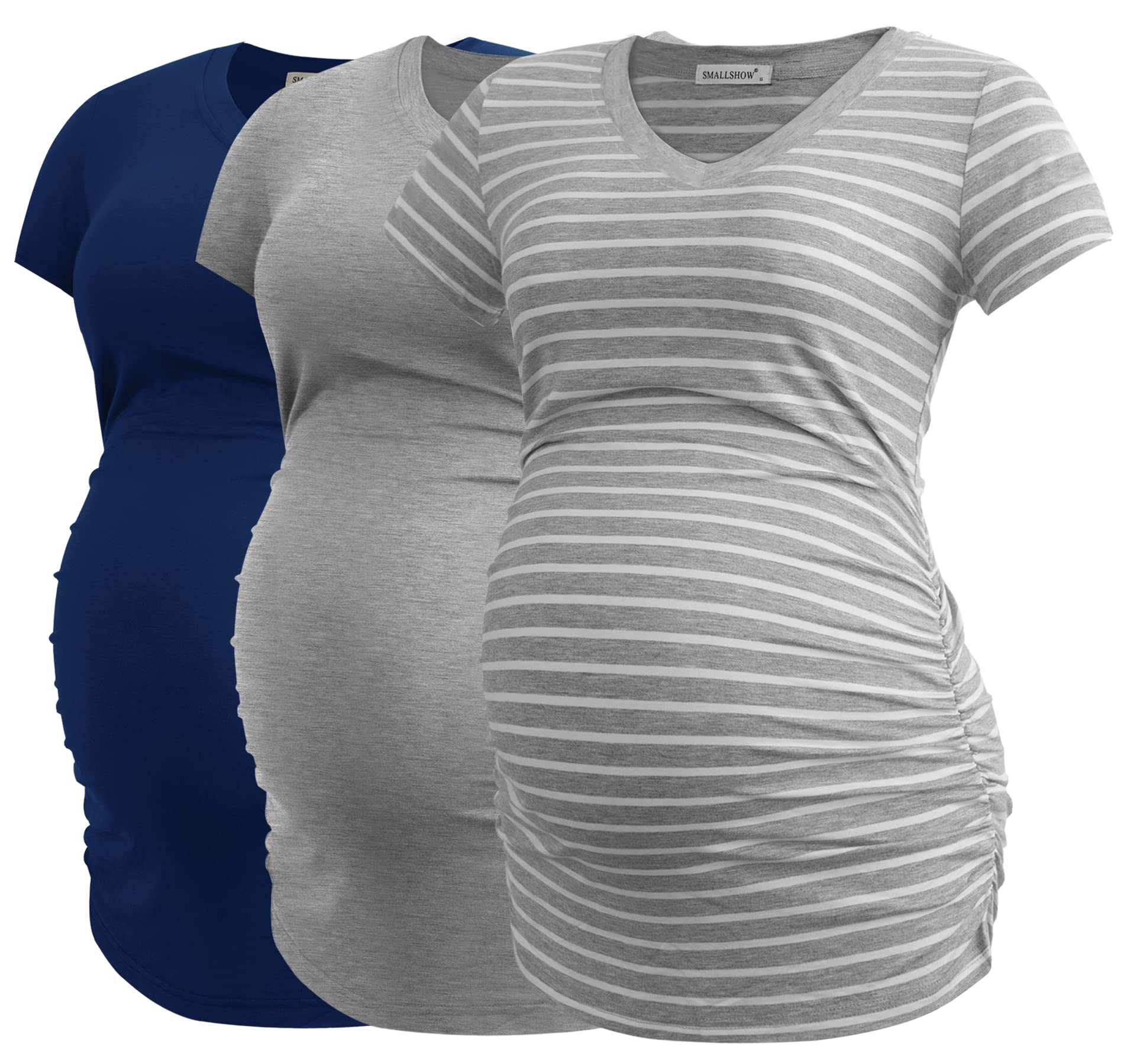 Smallshow Women's V-Neck Maternity Shirts - Side Ruched Tunic Pregnancy Tops (3-Pack) | Comfortable Short Sleeve Nursing Clothes for Everyday Wear & Maternity Photos