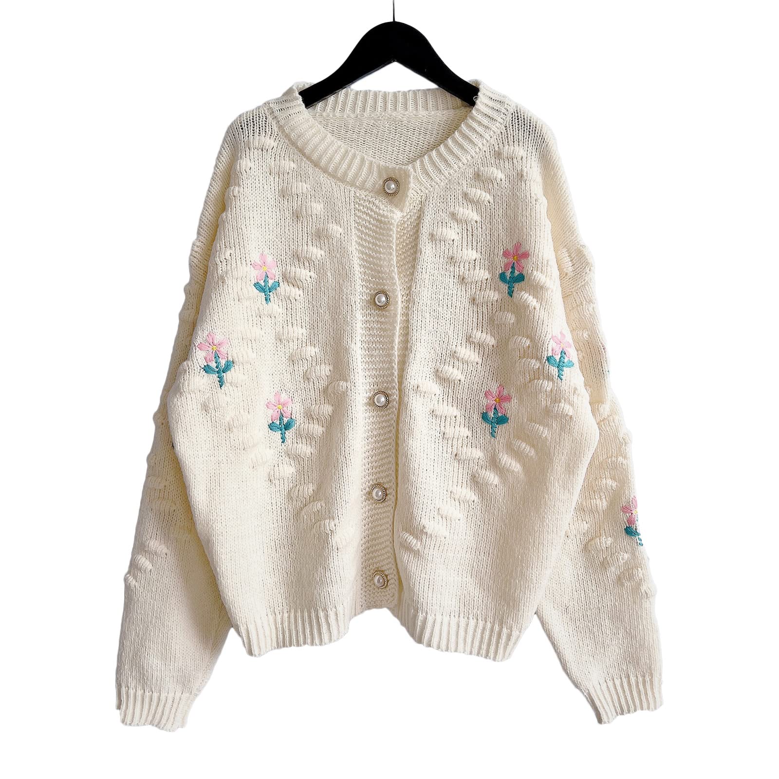 Women's Cute Long Sleeve Cardigan Sweater with Floral Embroidery - Button Down Crochet Knit Cardigan for Spring & Fall Fashion | Perfect for Office, Date Night & Casual Outfits