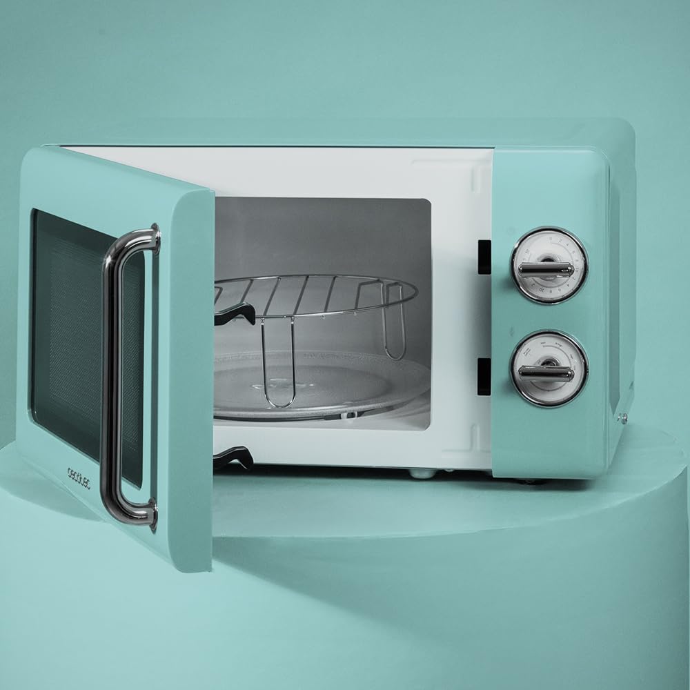 Cecotec 20L Mechanical Microwave Oven - 700W, 6 Power Levels, 30-Minute Timer, Defrost Function, Retro Blue Vintage Design with Steel Finishes - Perfect for Small Kitchens, Dorms & Office Break Rooms