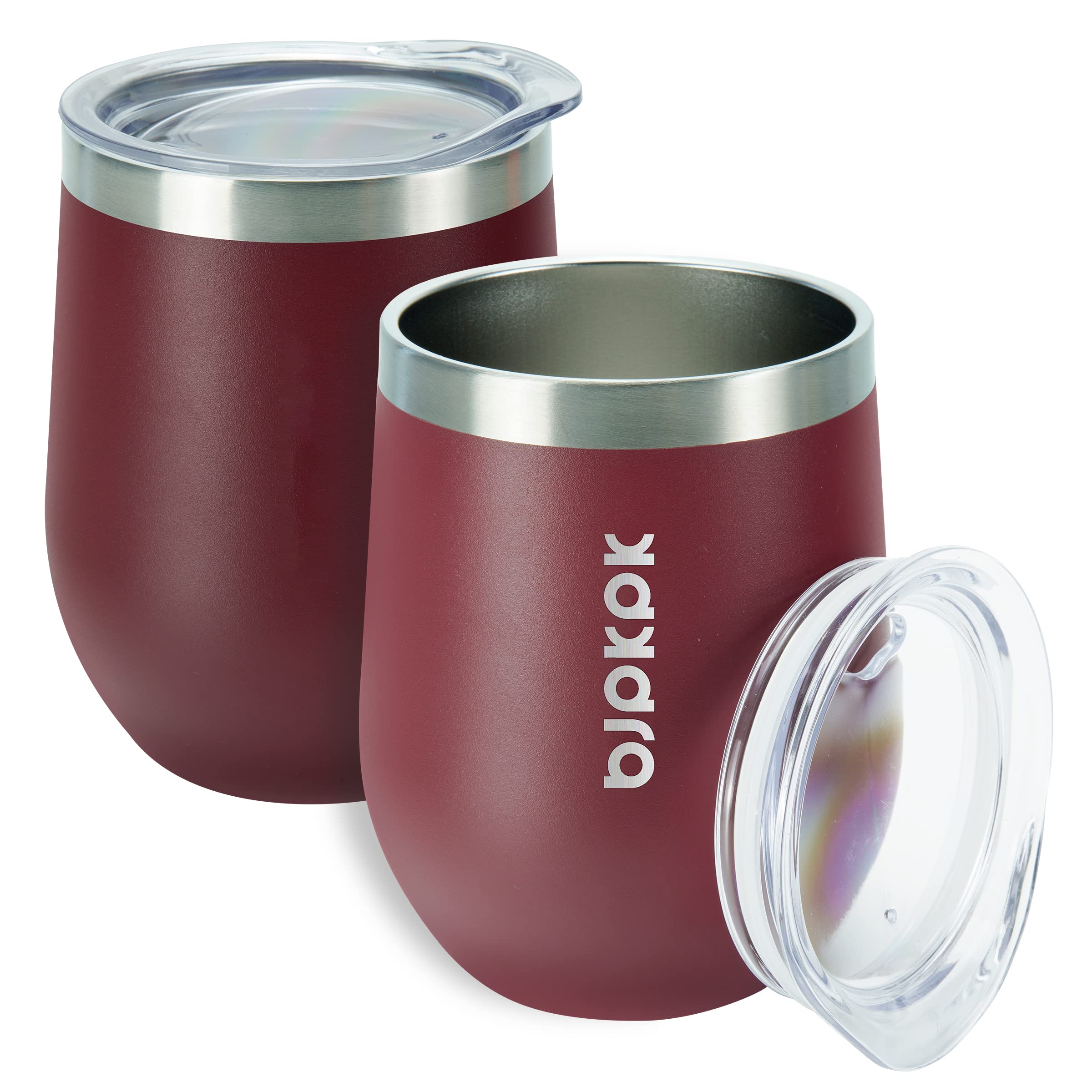 BJPKPK 2-Pack 12oz Insulated Stainless Steel Wine Tumblers with Lid - Double Wall Vacuum Coffee Mugs, Unbreakable Wine Glasses for Hot & Cold Drinks - Perfect for Home, Office, Camping & Travel (Brick Red)