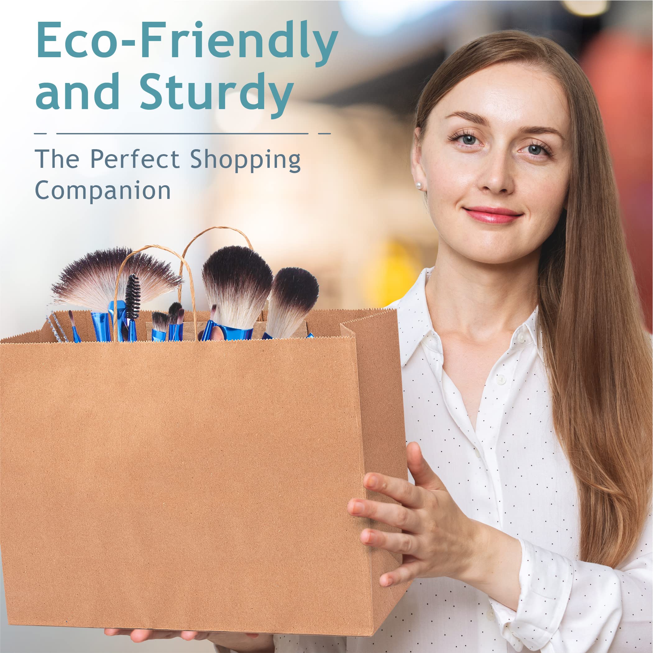 Bilinny 50 Pack Large Brown Paper Bags with Handles - 16x6x12 Inches Eco-Friendly Shopping Bags for Grocery, Retail, Gift Wrapping & Parties
