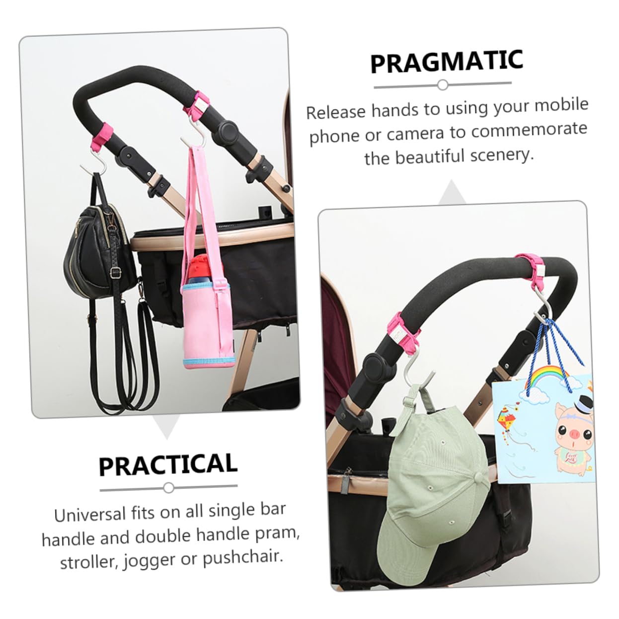 VICASKY 3-Pack Universal Car Hooks for Strollers, Backpacks, Purses & Prams - Heavy Duty Polyester Bag Clips & Clothes Hangers (Rose Gold) - Perfect for Road Trips, Shopping & Baby Gear Organization