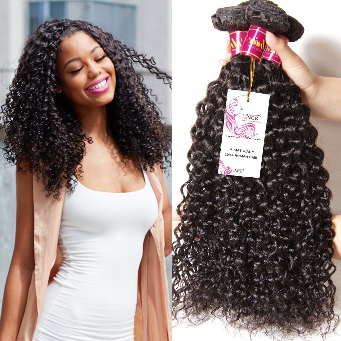 Unice Malaysian Curly Hair Extensions - 100% Unprocessed Human Remy Hair Weft 4 Bundles (14 16 18 20 Inch) Natural Color for Volume & Length - Perfect for Daily Wear, Parties & Special Occasions