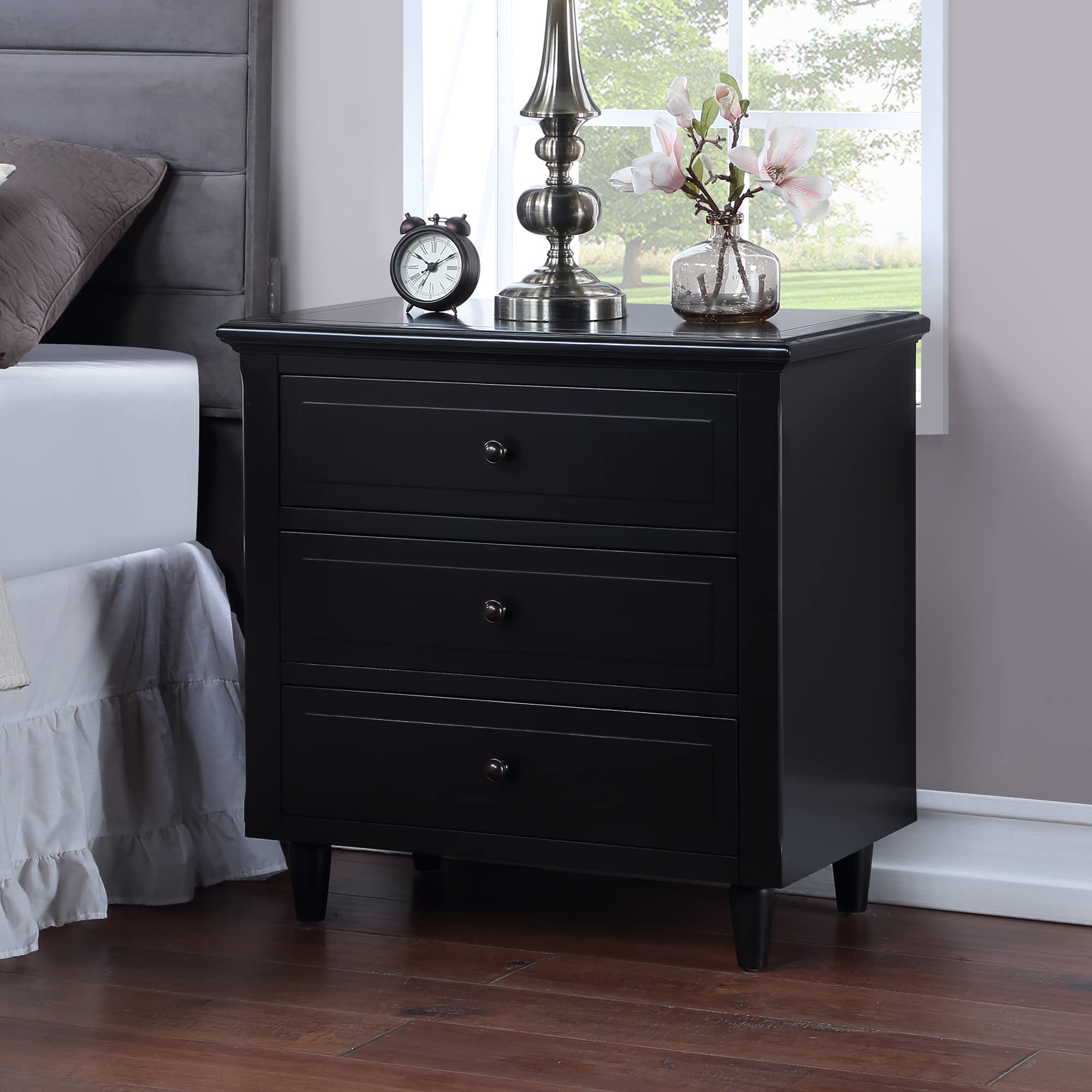 Merax 3-Drawer Wood Nightstand - Fully Assembled Bedside Storage Cabinet with Accent End Table Design - Black Modern Bedroom Furniture for Home, Living Room & Apartment | Perfect for Storing Books, Lamps & Bedside Essentials