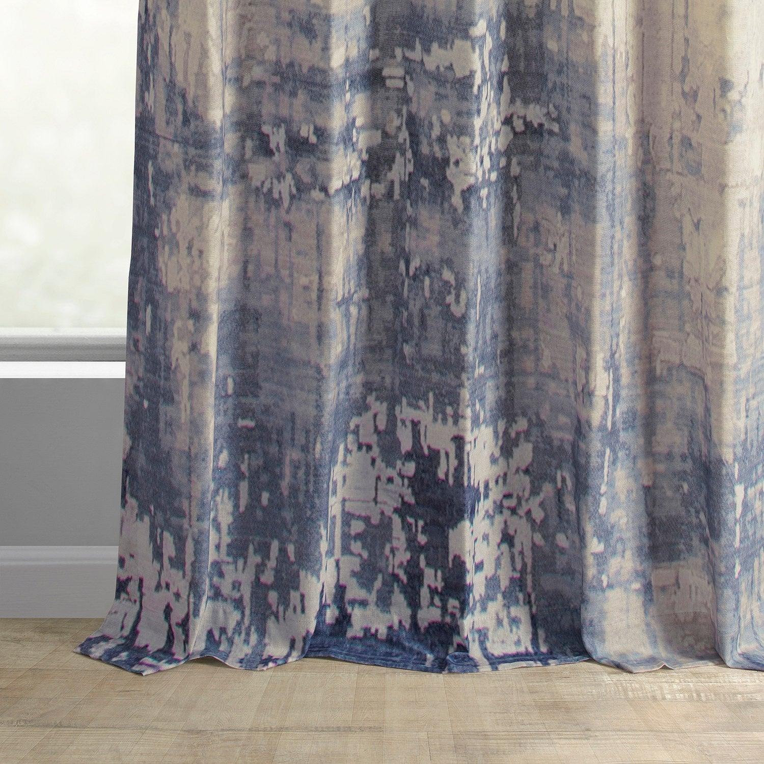 Lake Blue Abstract Textured Printed Cotton Curtains for Living Room & Bedroom - Modern Window Drapes with Artistic Design for Home Decor