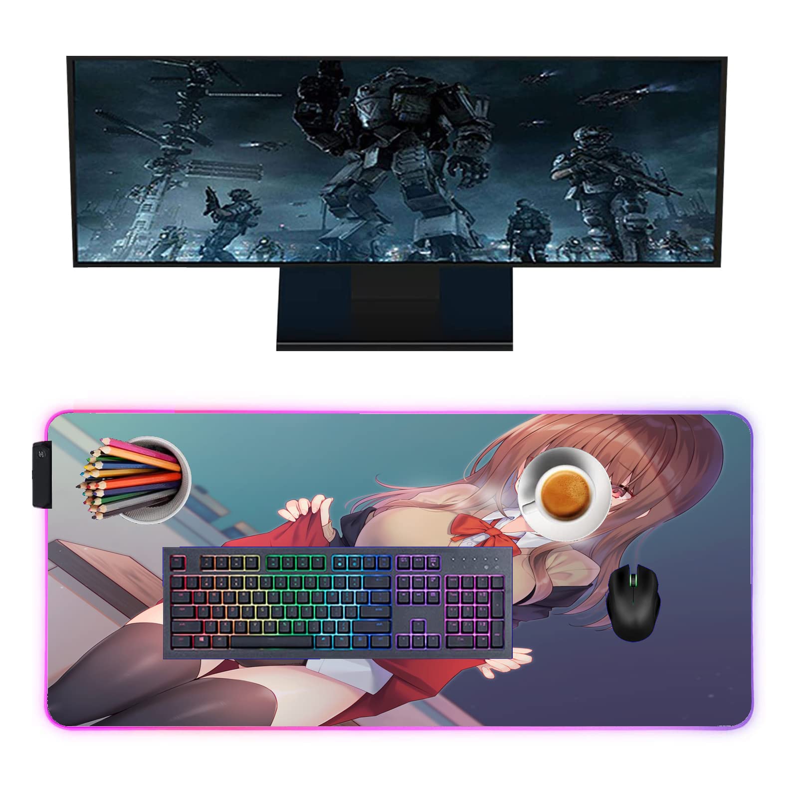 Anime Girl Gaming Mouse Pad - RGB LED Backlit Large Desk Mat (24x12 Inch) for PC, Keyboard & Computer Play | Perfect for Gaming Setups & Office Workstations