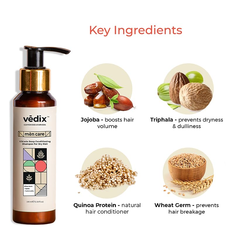 Vedix Ayurvedic Shampoo for Dry Frizzy Hair - Sulfate Free Customized Deep Conditioning Shampoo for Men with Wheat Germ, Jojoba & Yashtimadhu - 100ml - Perfect for Daily Hair Care & Scalp Nourishment