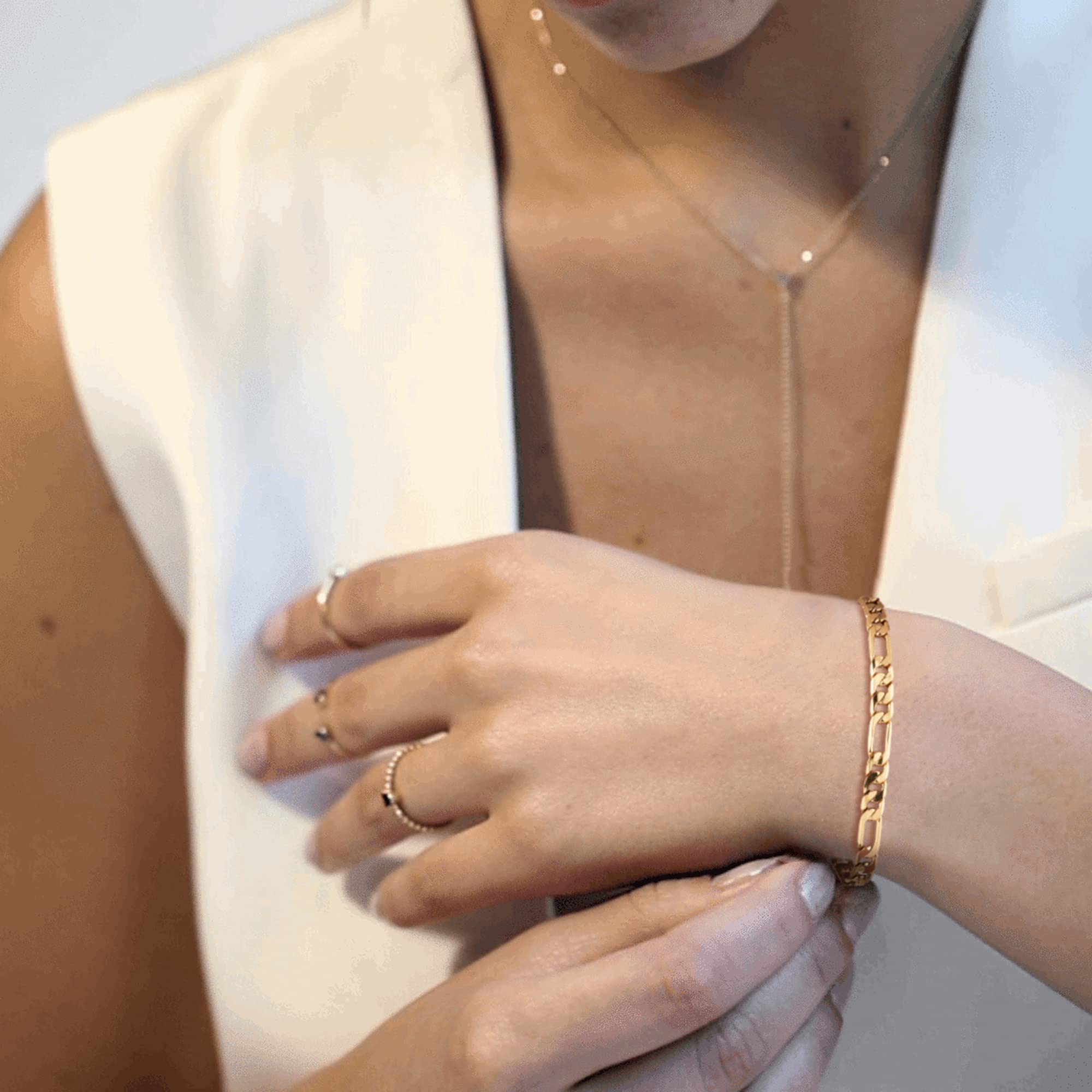 14K Gold Plated Women's Bracelet - Snake Herringbone Figaro Cuban Bead Paperclip Cable Box Chain Jewelry for Everyday Wear, Gift Giving & Special Occasions