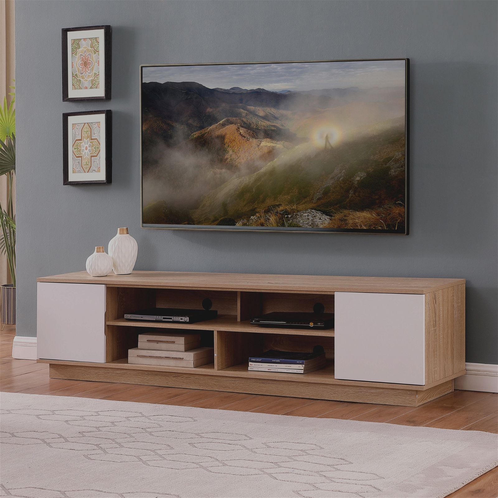 DELUX 200cm Oak & White TV Stand Entertainment Unit with Storage - Modern Media Console for Living Room, Home Theater & Gaming Setup