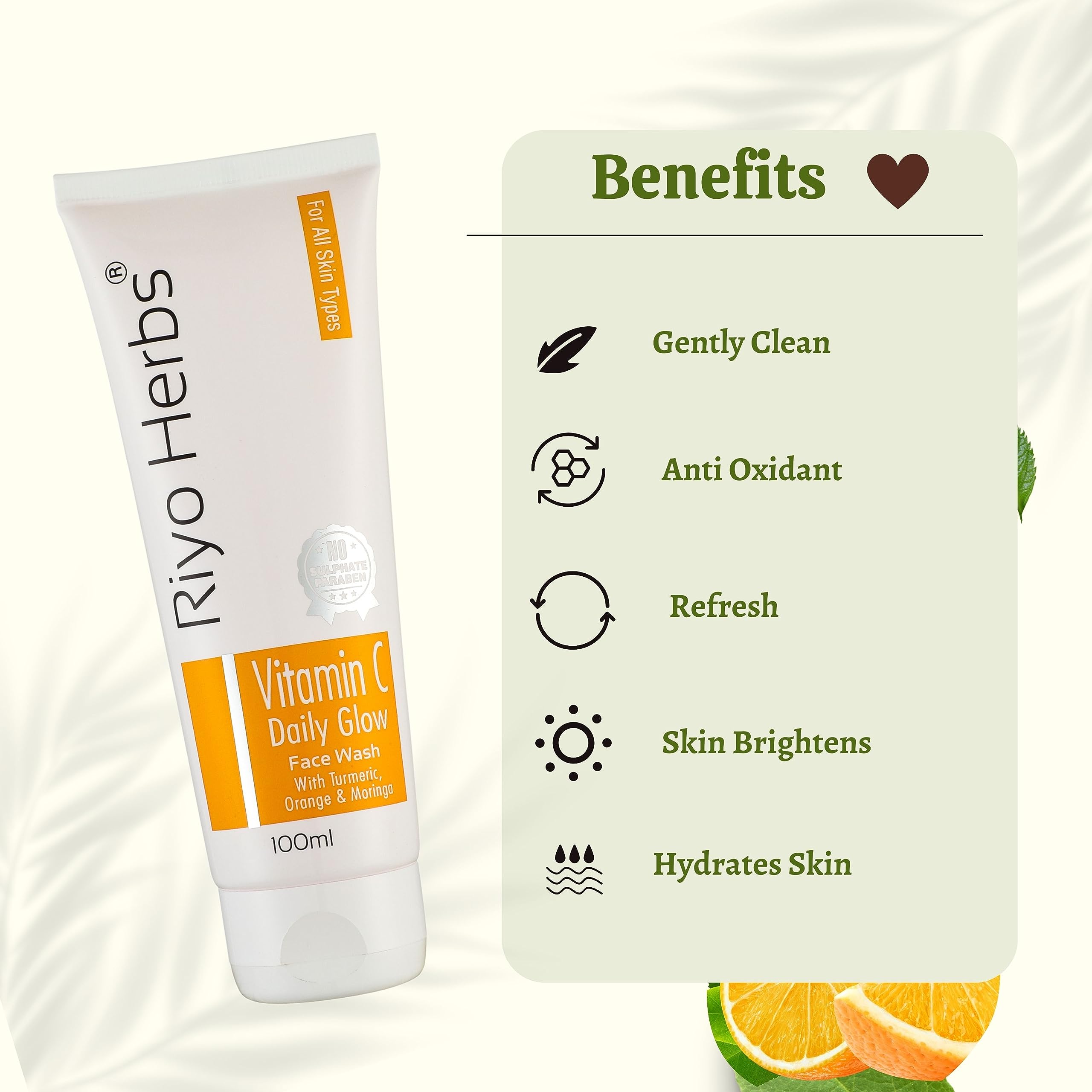 Riyo Herbs Vitamin C Face Wash for Daily Glow - Brightening Facial Cleanser with Vitamin C, Turmeric, Orange & Moringa - Reduces Dark Spots & Scars - 100ml - Perfect for Morning & Night Skincare Routine