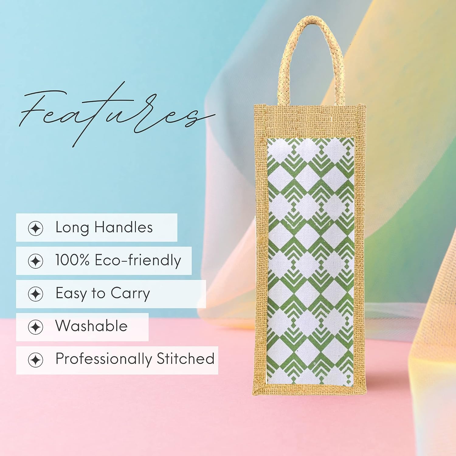 **Clapcart Waterproof Jute Wine & Water Bottle Bag - Reusable Eco-Friendly Bottle Carrier for Picnics, Hiking, Beach & Gifts (Green Design Print)**