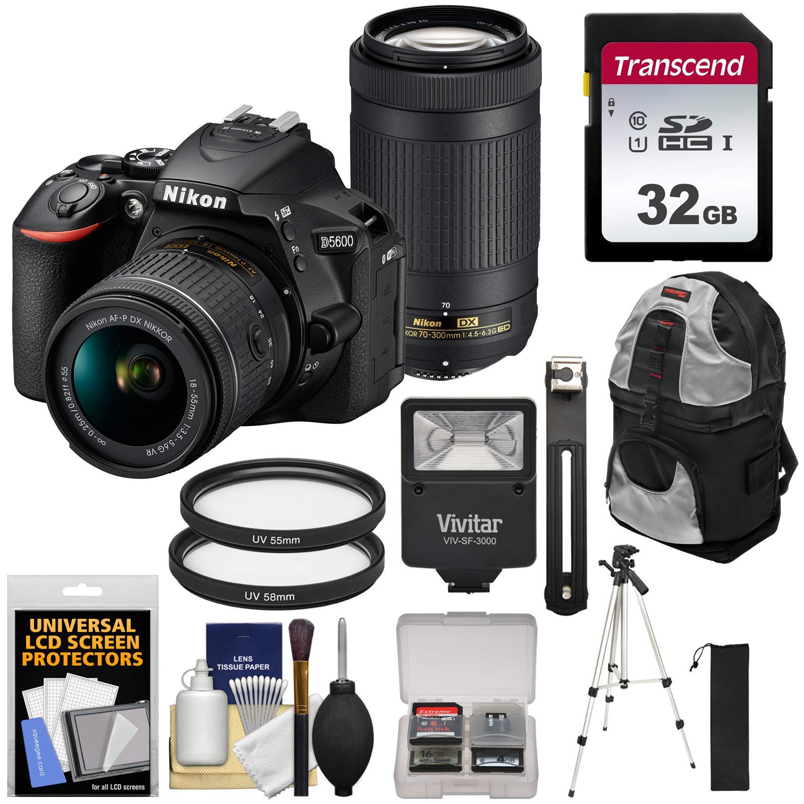 Nikon D5600 Wi-Fi DSLR Camera Bundle with 18-55mm VR & 70-300mm AF-P Lenses - 32GB SD Card, Backpack, Flash, Tripod (Renewed) - Perfect for Travel Photography, Vlogging & Professional Shoots