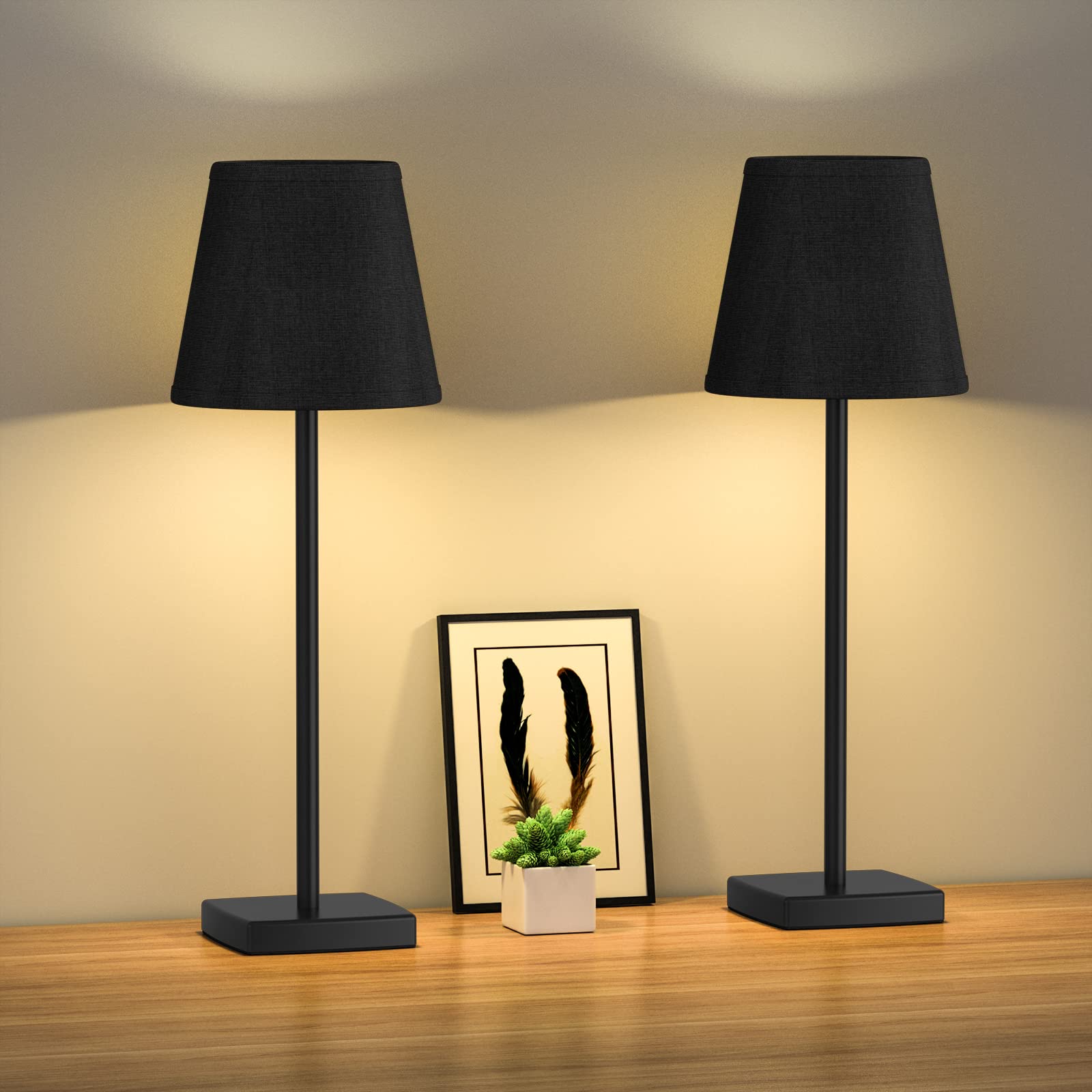 Modern Black Metal Nightstand Lamps Set of 2 with Linen Shade - Bedside Table Lamps for Bedroom, Living Room, Dorm & Office - Perfect Reading Light & Decorative Desk Lamp for Home Decor
