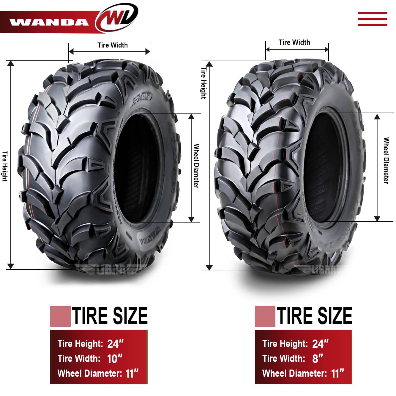 Premium WANDA Solid Mud ATV Tires 24x8x11 & 24x10x11 - Heavy Duty All-Terrain Tires for 2004 Kawasaki Bayou 300 - Perfect for Off-Road, Mudding, and Trail Riding Adventures