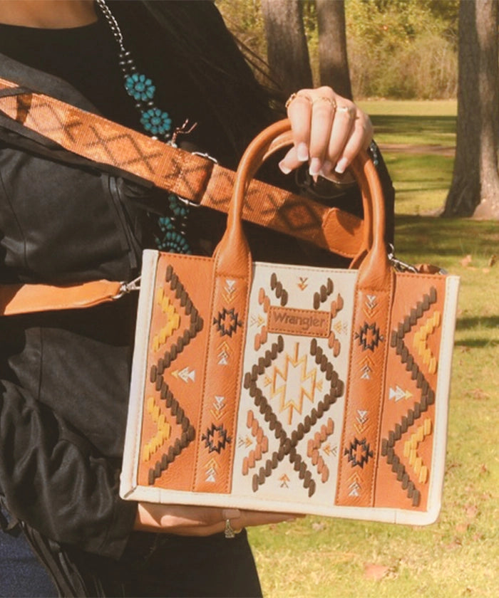 Wrangler Aztec Embroidered Whipstitch Tote Bag for Women - Stylish Boho Shoulder Bag for Travel, Beach & Shopping