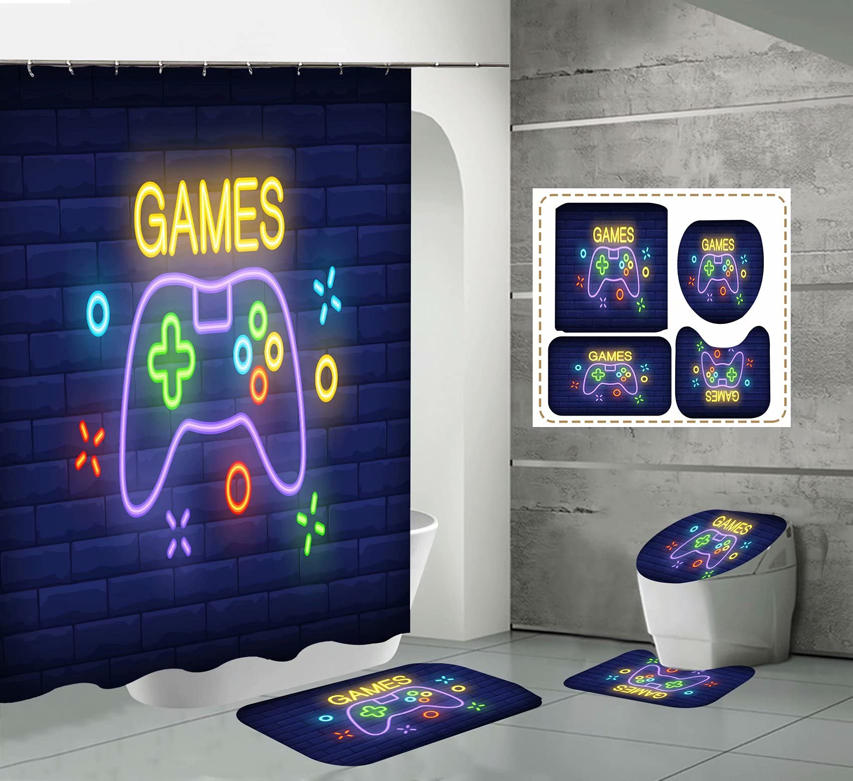 Gamer Shower Curtain Set with Bath Mat & Toilet Cover - Video Game Controller Design Waterproof Bathroom Decor for Boys & Teens - 72x72 Inches Blue - Perfect for Gaming Themed Bathrooms & Teen Bedrooms