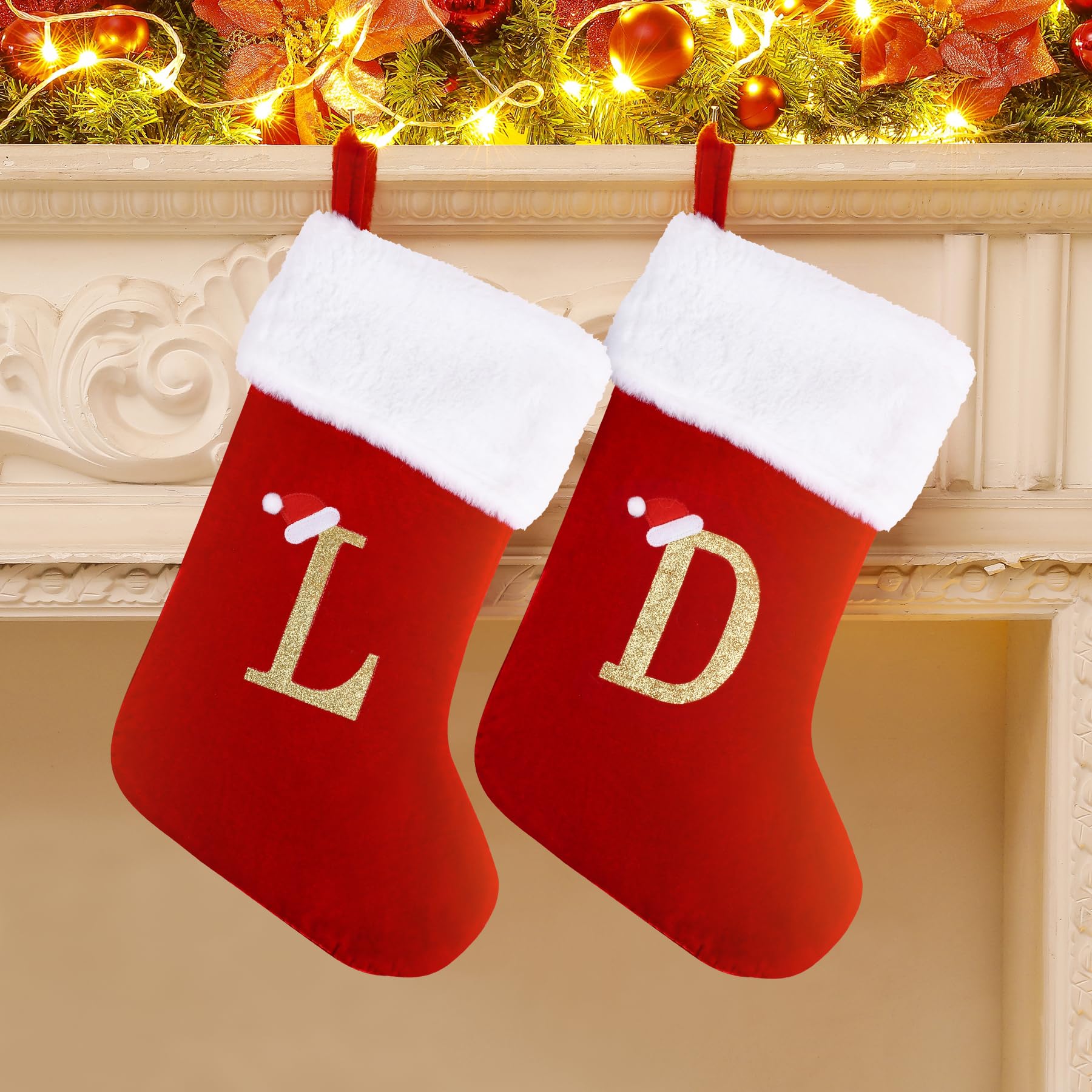 20 Inch Personalized Monogram Christmas Stockings - Large Red Velvet Holiday Stockings with Soft Plush White Cuff - Perfect for Fireplace Mantel, Xmas Tree Decor & Festive Gift Giving
