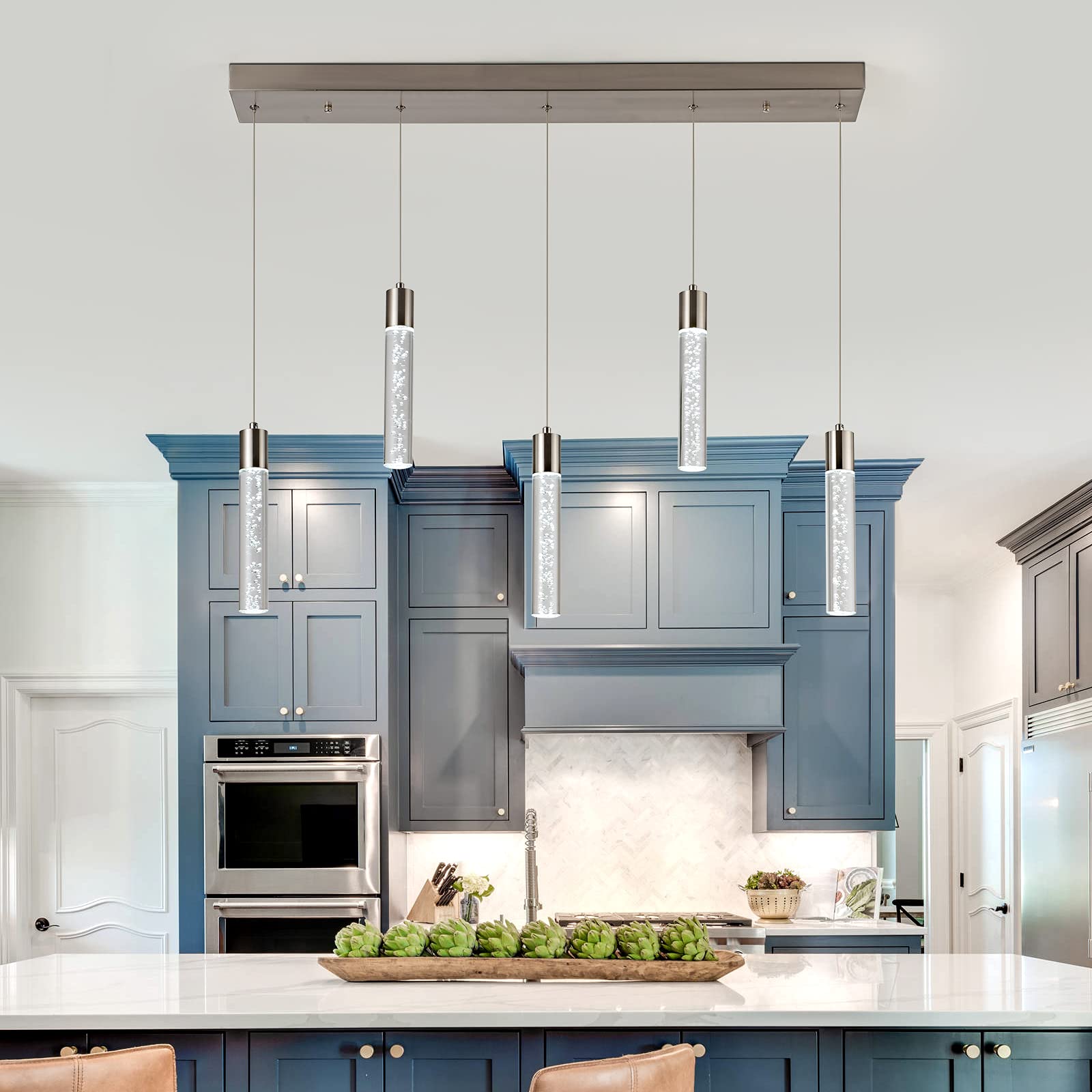 Modern 5-Light Dimmable LED Pendant Lighting for Kitchen Island - Crystal Accent Ceiling Fixture, 40W 6000K Cool White, Perfect for Dining Room & Breakfast Bar Lighting
