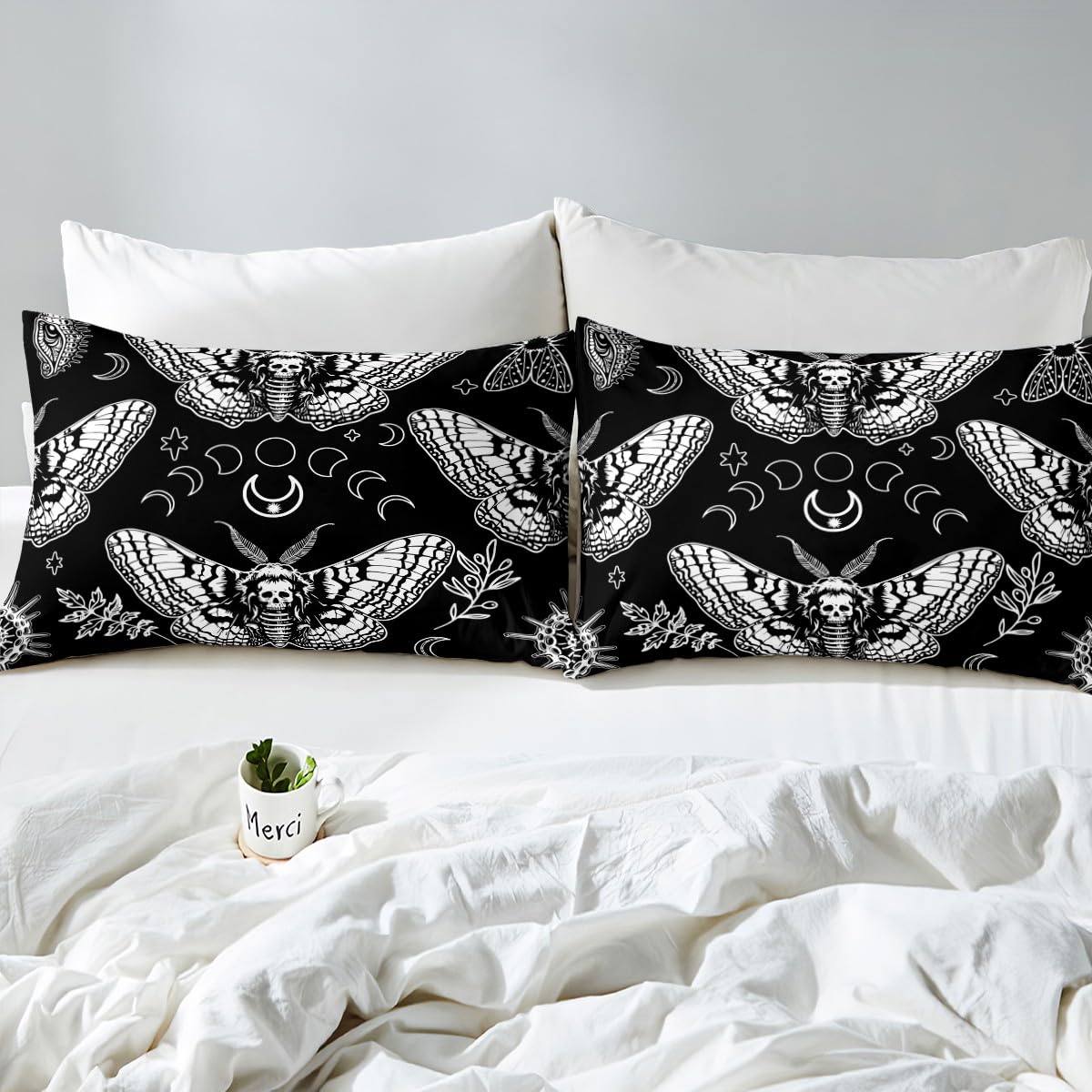 Gothic Skull Fitted Sheet Set - Death Moth & Floral Print Microfiber Bedding (2pc: Fitted Sheet + Pillowcase) - Twin Size for Kids Room, Halloween Decor & Gothic Bedroom Theme