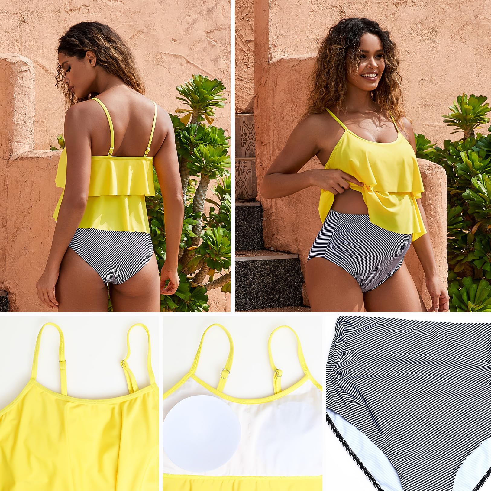 GINKANA Women's Maternity Tankini Swimwear 2 Piece Set - Double Ruffle Hem Pregnancy Bathing Suit for Beach, Pool & Vacation | Comfortable Maternity Swimsuits for Expecting Moms