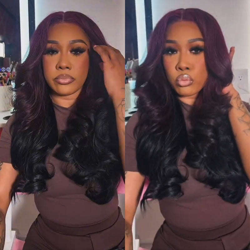 Eullair Ombre Dark Burgundy Black Body Wave Human Hair Lace Frontal Wig - Pre-Colored Glueless Lace Wigs with Pre-Plucked Hairline for Women | Perfect for Daily Wear, Parties & Special Occasions