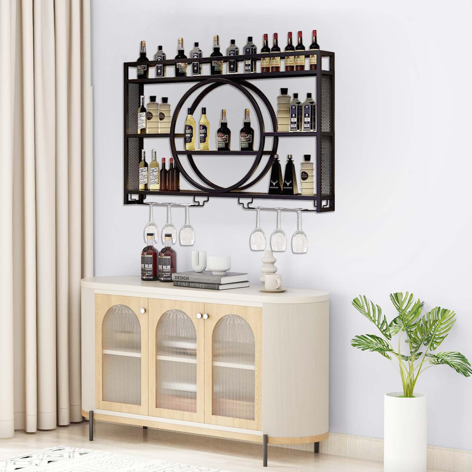 Wall Mounted Wine Rack - 3 Tier Large Capacity Iron Wine Glass Display & Storage with Cup Holder for Home, Restaurant, Bar - Perfect for Kitchen, Dining Room & Entertaining Areas (Black, 47.2x5.9x31.5 inches)