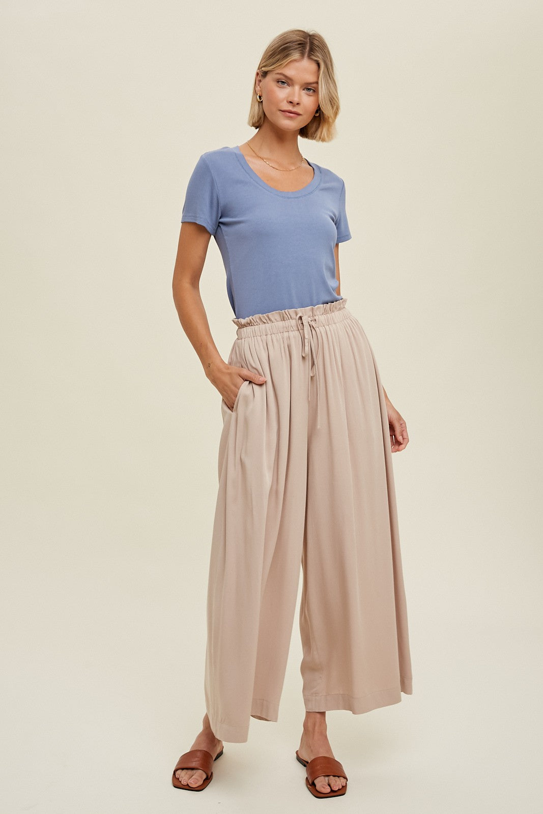 Beige Pleated Elastic Waist Wide Leg Crop Pants for Women - Comfortable High Waist Palazzo Trousers for Casual, Office & Travel Outfits