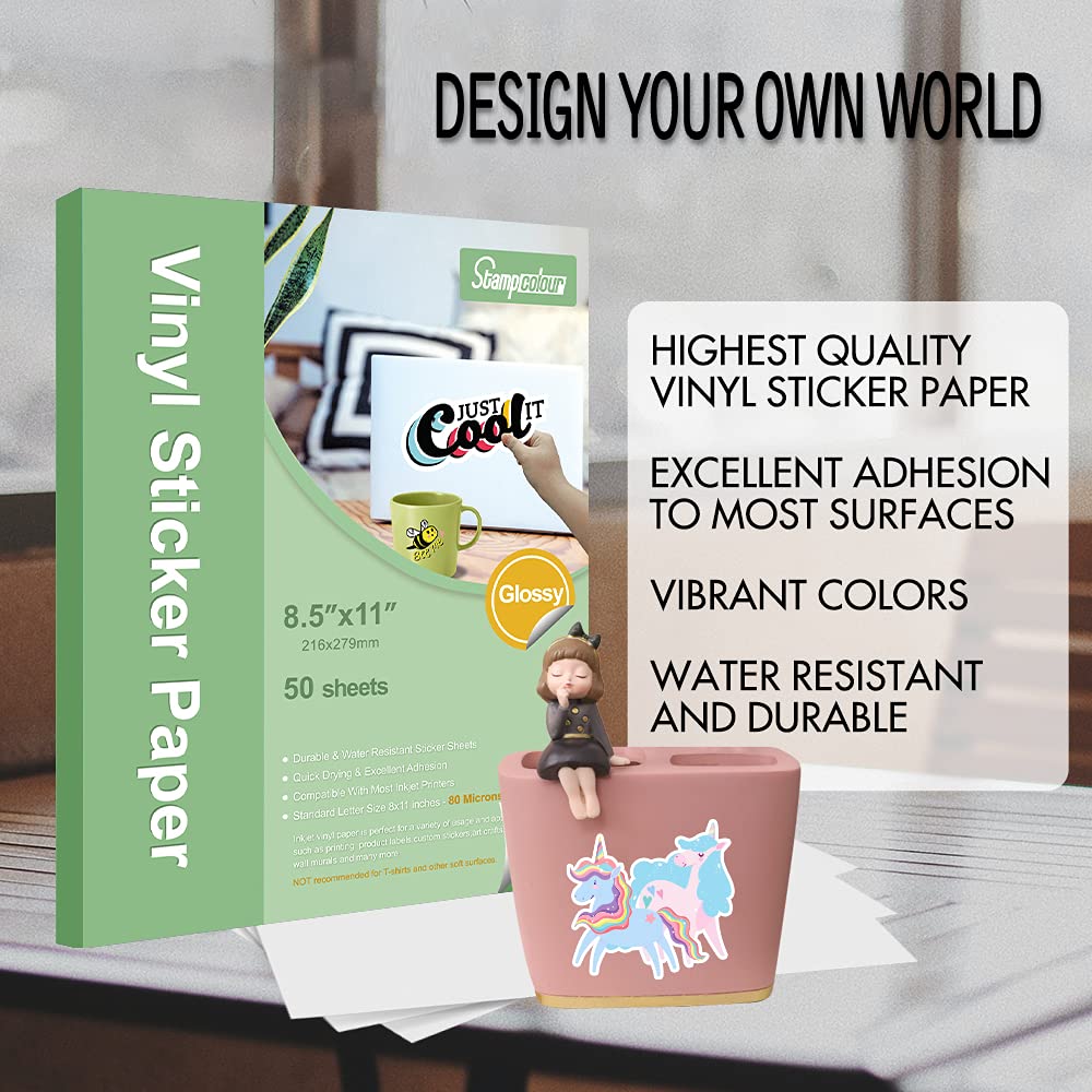 Premium Printable Vinyl Sticker Paper - Glossy White Self-Adhesive Waterproof Decal Sheets - Fast Drying, Vibrant Colors & Tear Resistant - Compatible with Epson, HP, Canon, Sawgrass Inkjet & Laser Printers (30 Sheets) - Perfect for DIY Crafts, Laptop Decals, Water Bottles & Product Labeling