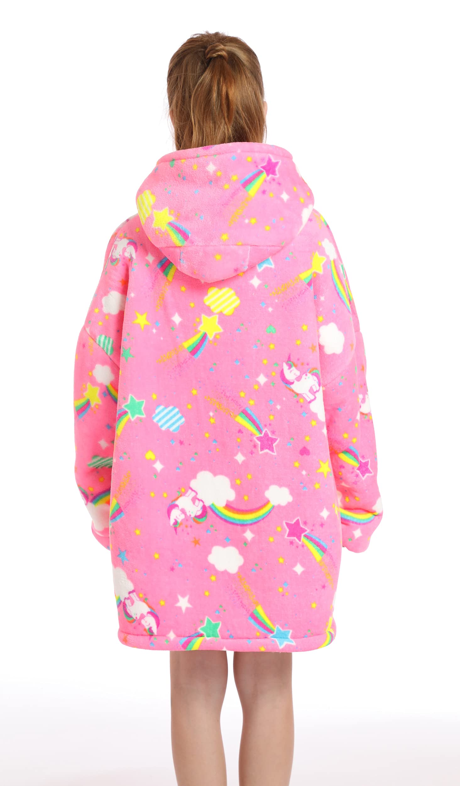 CHOBES Kids Hoodie Blanket - Oversized Wearable Blanket Sweatshirt for Boys & Girls with Pockets | Soft Warm Cozy Fleece Hooded Blanket | One Size Fits All (Pink/Rainbow) - Perfect for Sleepovers, Movie Nights & Winter Lounging