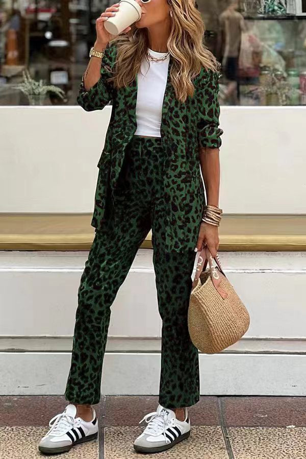 Wild Personality Leopard Print Blazer & Elastic Waist Pants Set - Women's Casual Office Wear & Party Outfit