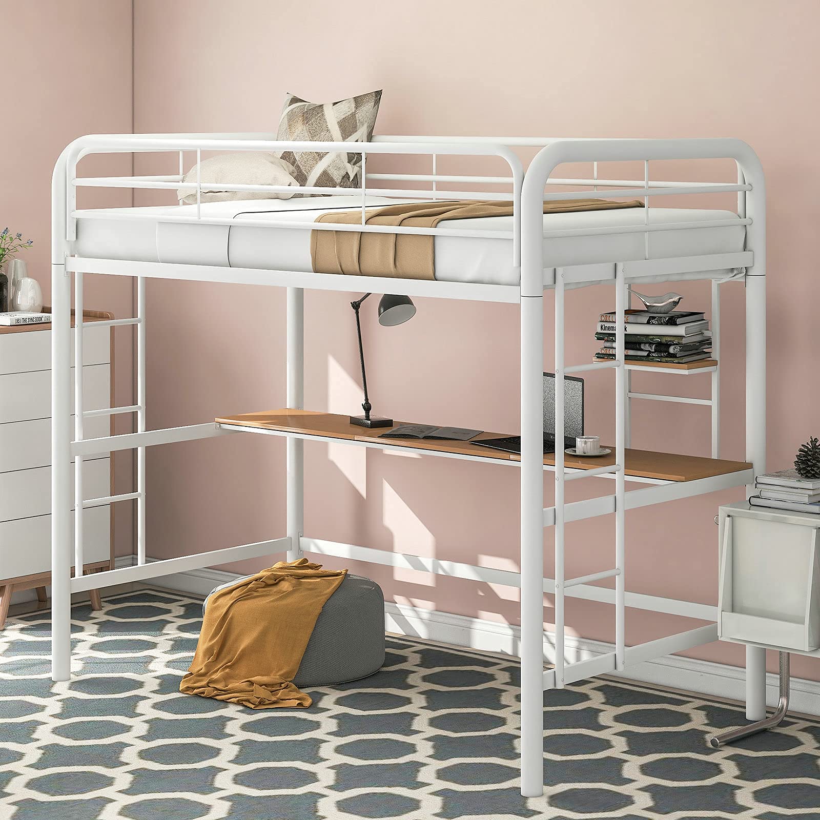 Autokola Twin Metal Loft Bed with Desk & Shelves for Kids & Teens - Space-Saving Study & Sleep Solution for Small Bedrooms & Dorm Rooms