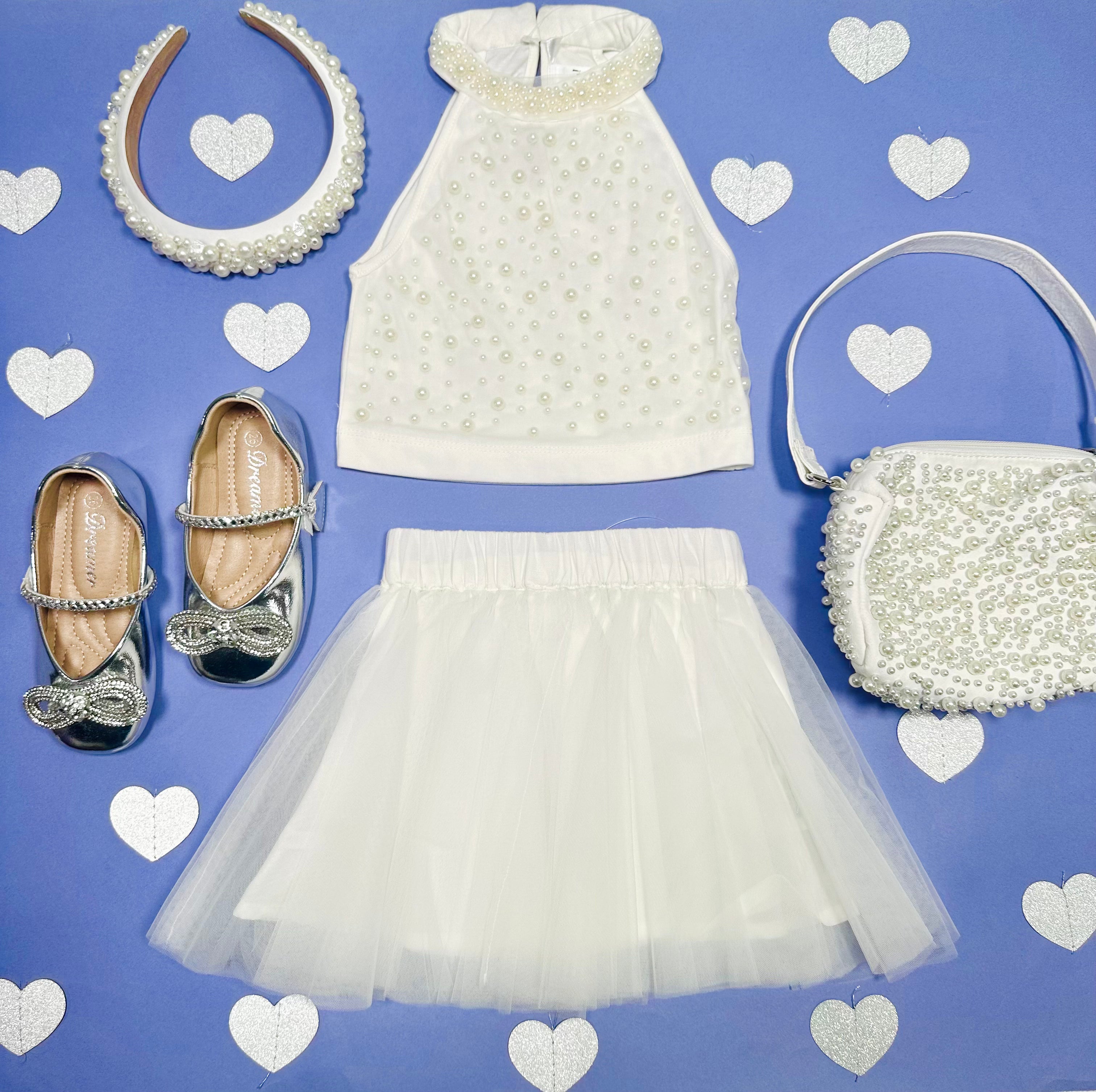 KENNA PEARL TOP & TUTU SKIRT SET | Girls' Elegant Party Outfit | Perfect for Birthday, Pageant & Special Occasions