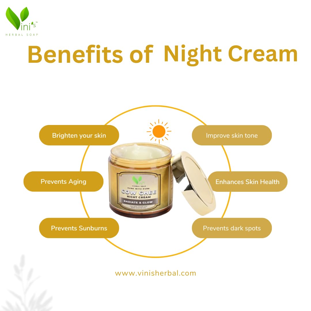 Vini's Herbal Cow Ghee Night Cream - Anti-Aging & Anti-Wrinkle Face Moisturizer for Glowing Skin | Brightening & Hydrating Cream for Nighttime Skincare Routine | Perfect for Dry & Mature Skin