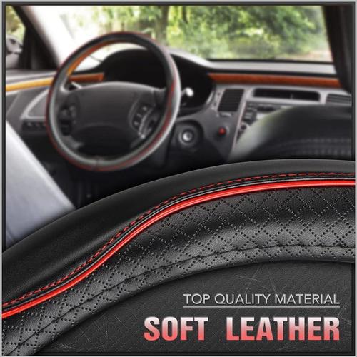 Universal Fit Steering Wheel Cover Protector - 15 Inch Synthetic Leather Car Accessory (Black/Red) for Comfort & Grip - Perfect for Daily Commute, Road Trips & Winter Driving
