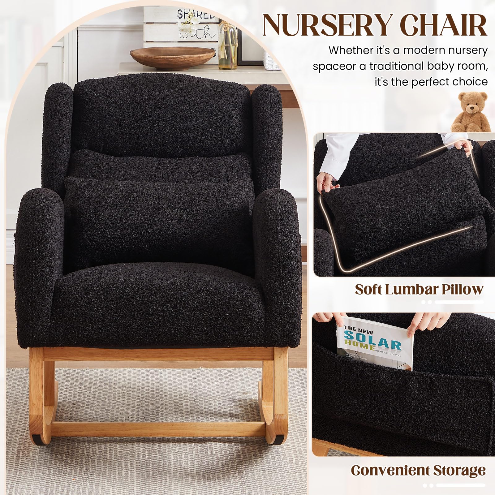 **Antetek Modern Rocking Chair - High Back Teddy Upholstered Nursery Rocker with Lumbar Pillow, Wingback Accent Armchair for Living Room, Bedroom & Nursery - Perfect for Nursing, Relaxing & Decor (Black)**