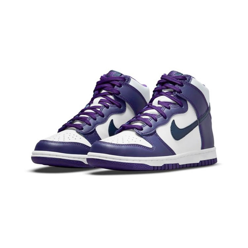 Nike Dunk High GS Sneakers in Midnight Navy & Purple Swoosh - Stylish Basketball Shoes for Teens & Kids - Perfect for School, Sports, and Casual Wear