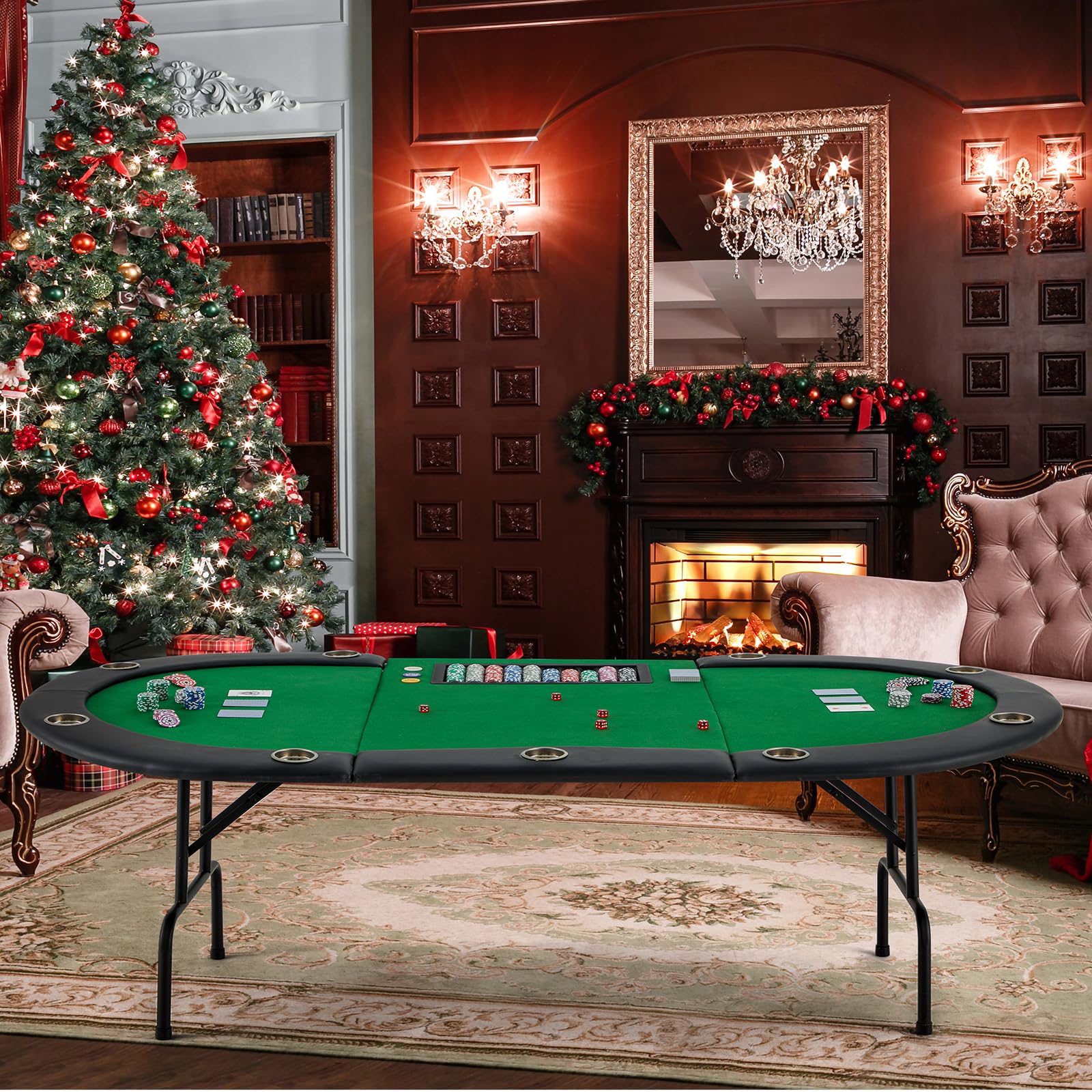Premium ECOTOUGE Oval Poker Table with Stainless Steel Cup Holders - 10 Player Texas Hold'em Casino Style Game Table with Green Felt & Sturdy Legs - Perfect for Home Game Nights, Poker Parties & Casino-Themed Events