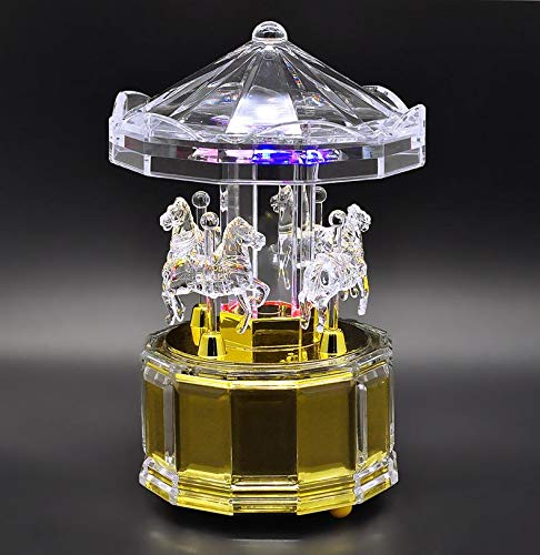 Mechanical Wind-Up Carousel Music Box with LED Lights - Transparent Acrylic Castle in The Sky Melody - Perfect for Home Decor, Gift Giving & Relaxation