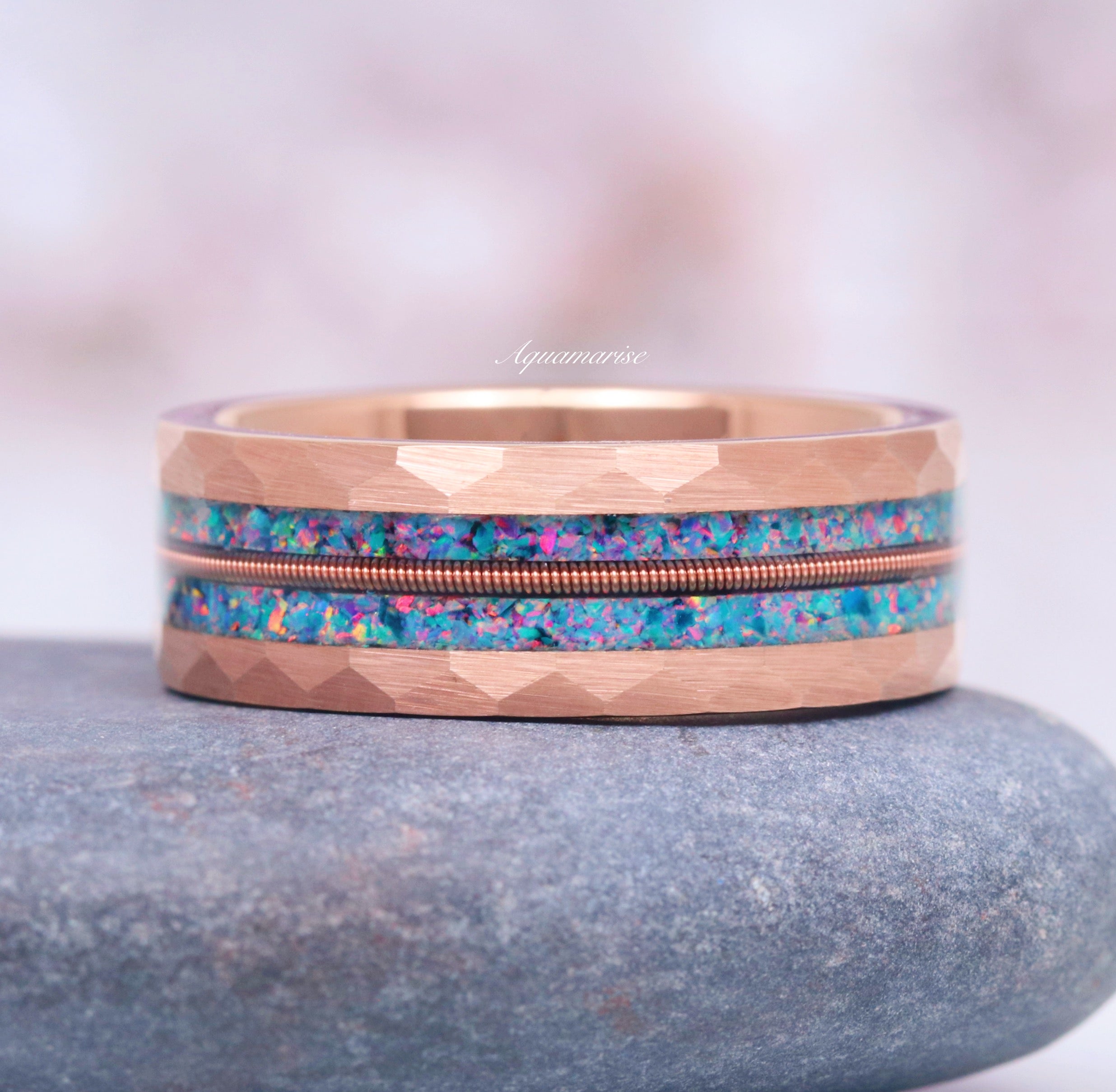 Blue Fire Opal & Guitar String Wedding Band - 8MM Rose Gold Tungsten Ring for Men & Women - Perfect for Engagement, Anniversary, and Unique Gift Giving