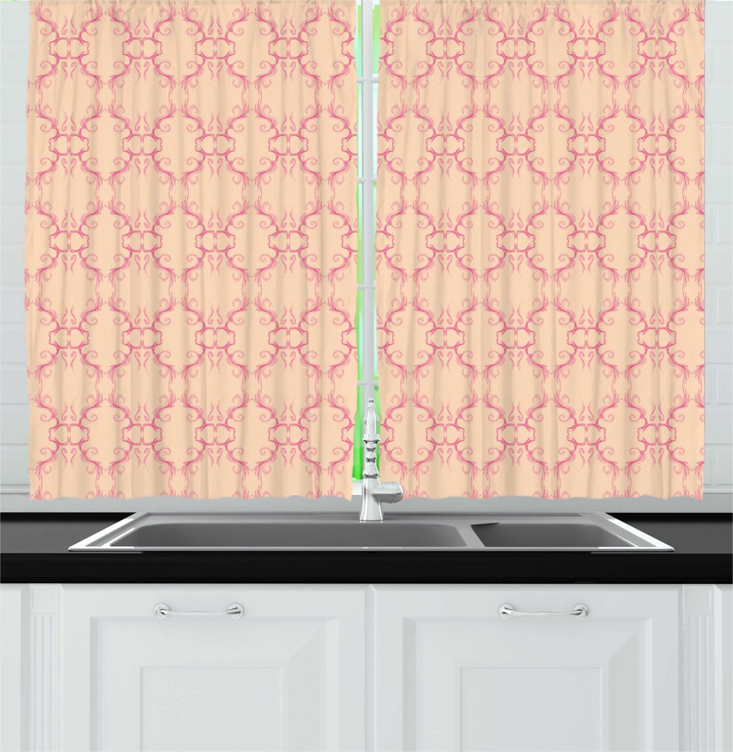 Ambesonne Peach Long Kitchen Curtains - Victorian Inspired Hand Drawn Lattice Motif, Soft Abstract Pattern, 2 Panel Rod Pocket Drapes 55