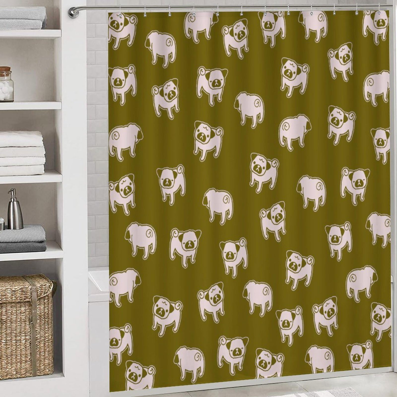 Pug Shower Curtain Set - 4PCS Bathroom Decor with Non-Slip Rug for Pet Lovers