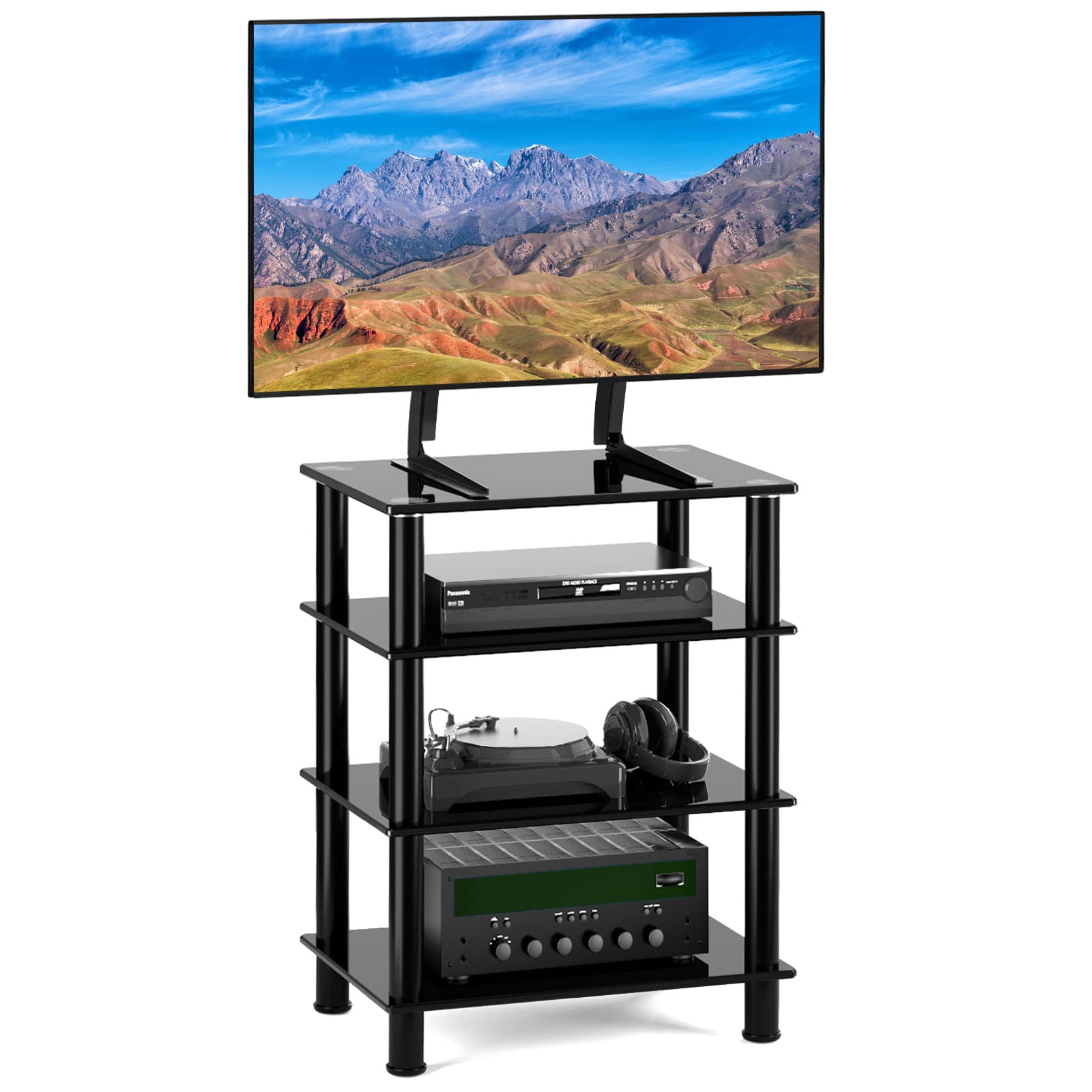 4-Tier Tempered Glass TV Stand for Xbox, Gaming Consoles & Streaming Devices - Modern Media Storage Tower with Sturdy Shelves - Perfect for Living Room, Game Room & Home Theater Setup