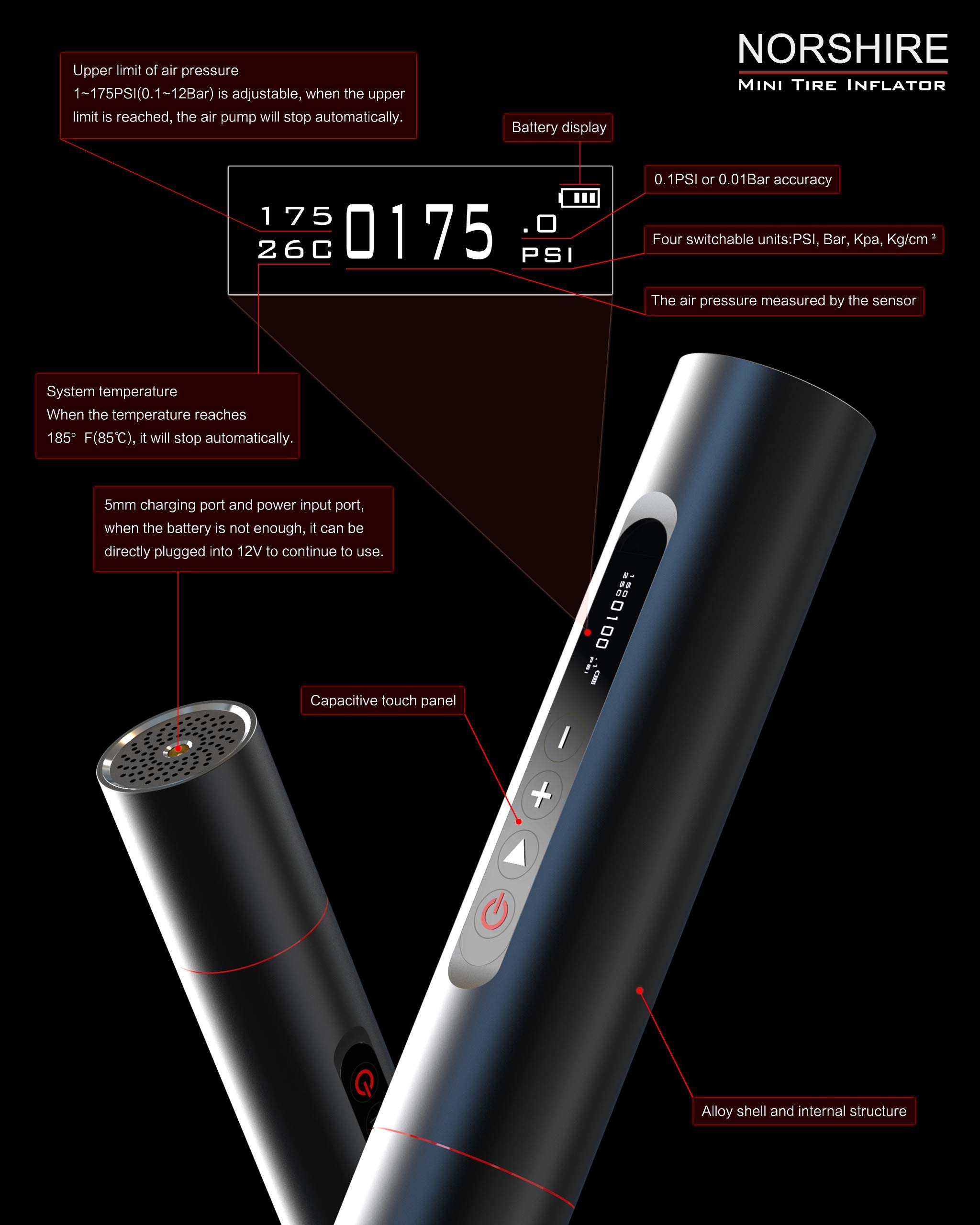 Portable Tire Inflator Air Compressor - Digital Car Tire Pump with 0.01 Accuracy Pressure Gauge, 175PSI & 50L/MIN Flow Rate, 90% Metal Construction, OLED Touch Screen & Rechargeable Battery - Perfect for Road Trips, Emergency Flat Tires & Home Garage Use