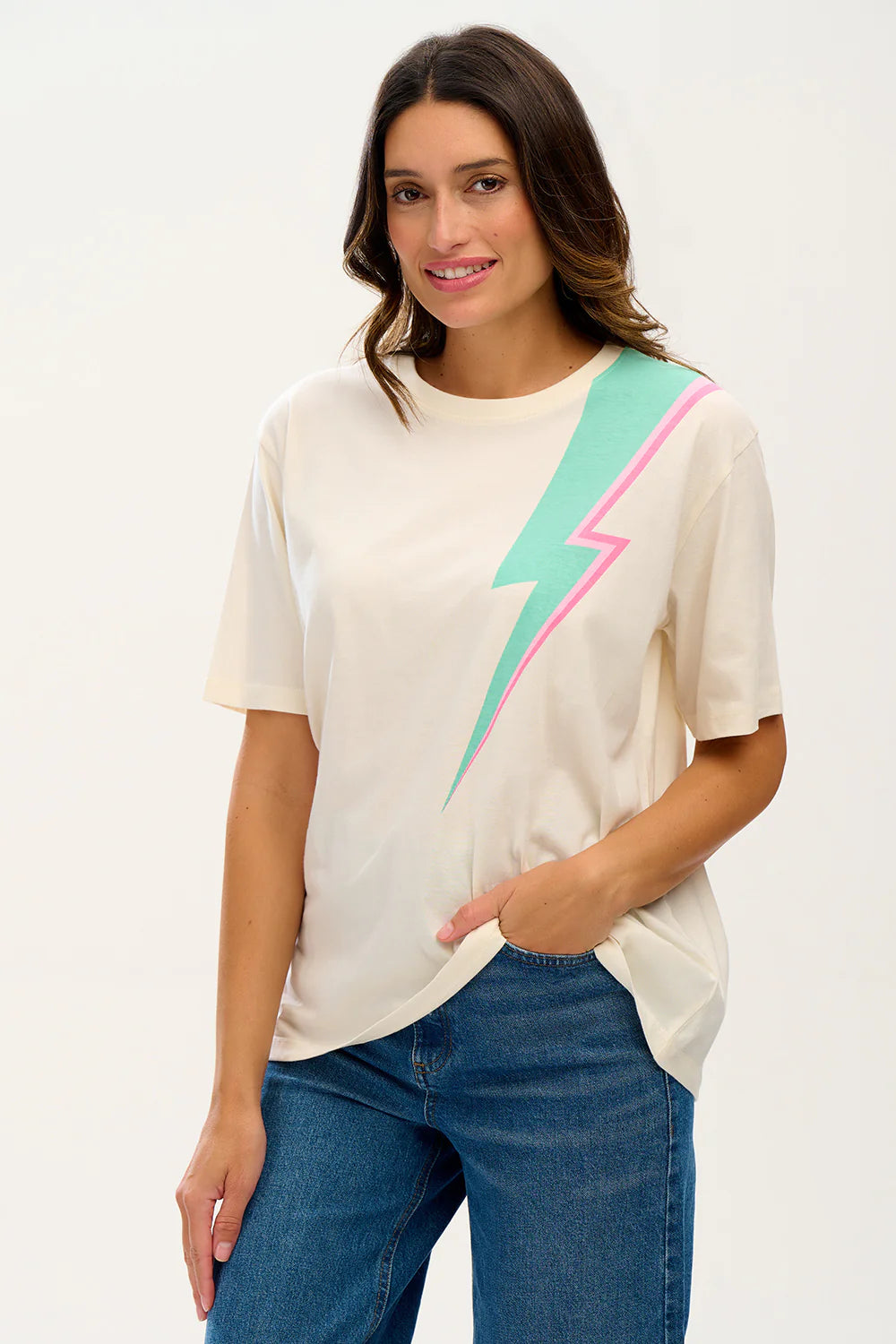 Kinsley Relaxed Fit T-Shirt for Women - Soft Cotton Crewneck Tee (Off White with Lightning Flash Print) - Casual Wear, Street Style, Everyday Outfits