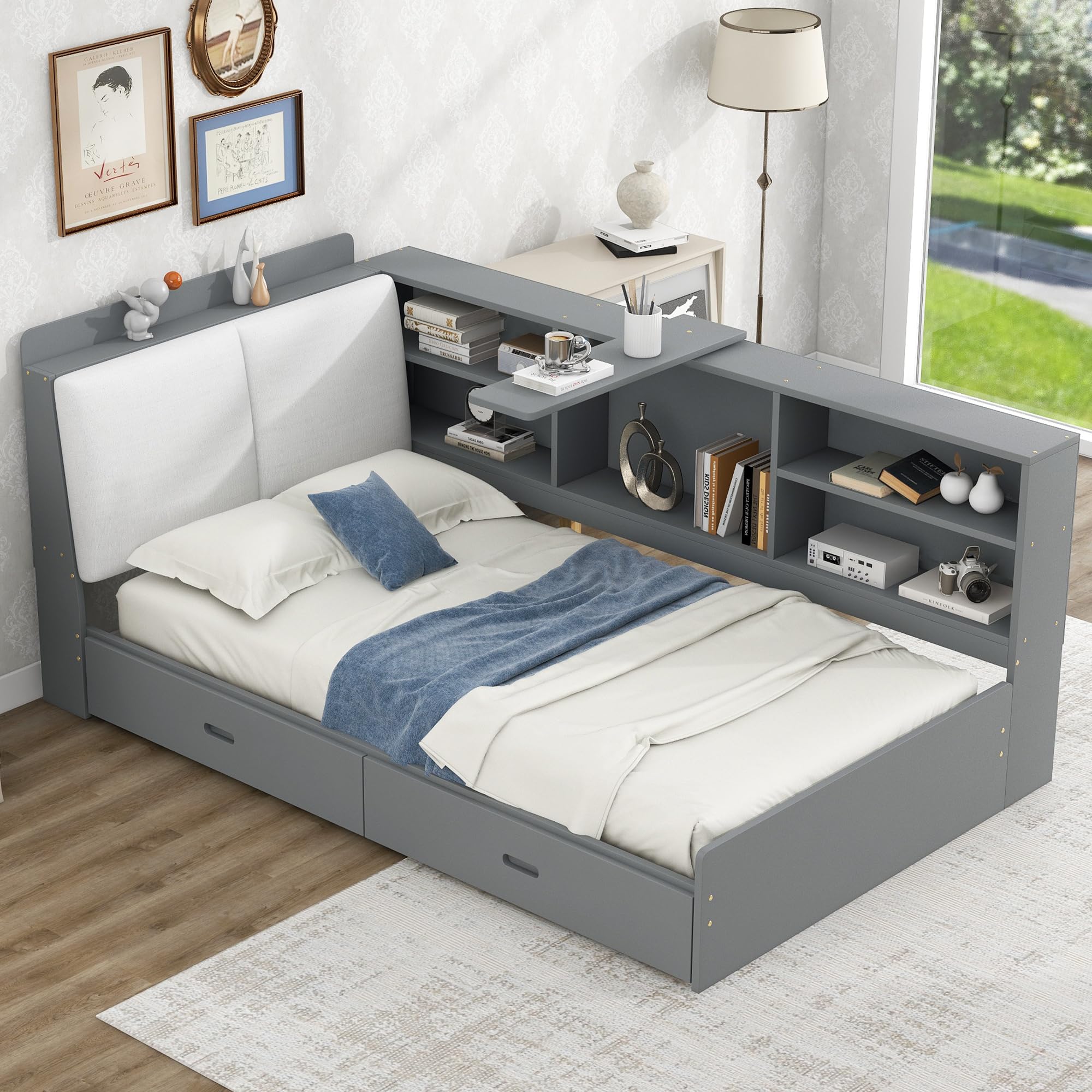 Harper & Bright Designs Twin Platform Bed with Storage Headboard, Shelves & 2 Drawers - Wooden Twin Storage Bed Frame with L-Shaped Bookcase, Gray - Perfect for Kids' Bedroom, Guest Room & Small Space Organization