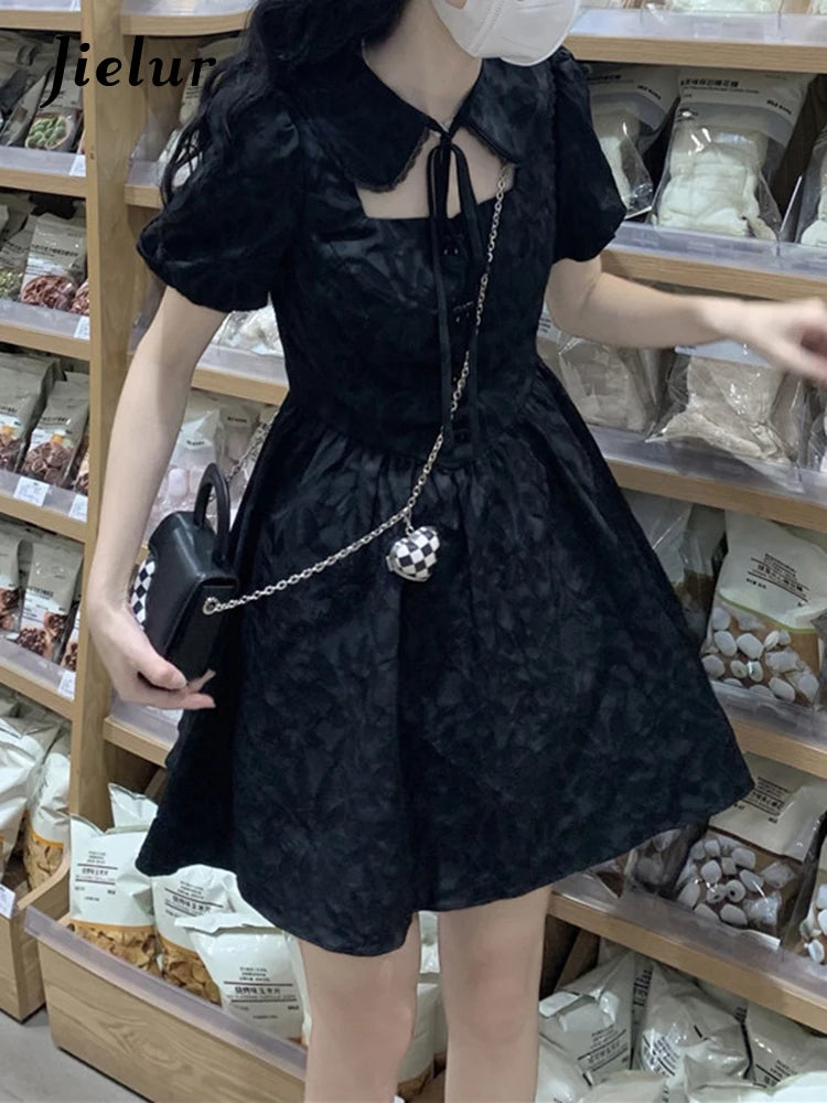 Elegant Black French Hollow Out Slim Women's Dress - High Street Puff Sleeve Pleated Solid Color Evening Gown | Perfect for Cocktail Parties, Date Nights & Formal Events