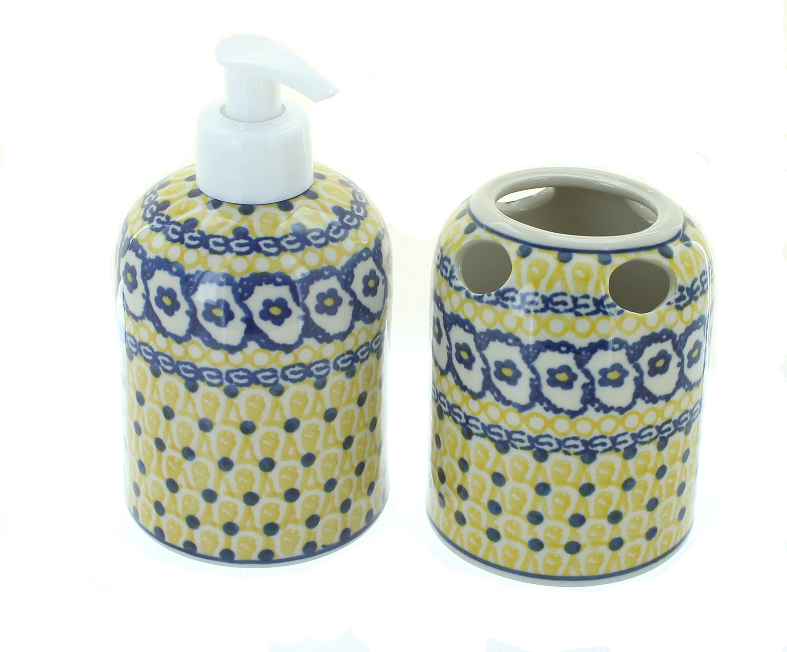 Blue Rose Polish Pottery Saffron Soap Dispenser & Toothbrush Holder - Handmade Ceramic Bathroom Organizer for Sink Counter Decor, Perfect for Farmhouse, Vintage, and Boho Style Homes